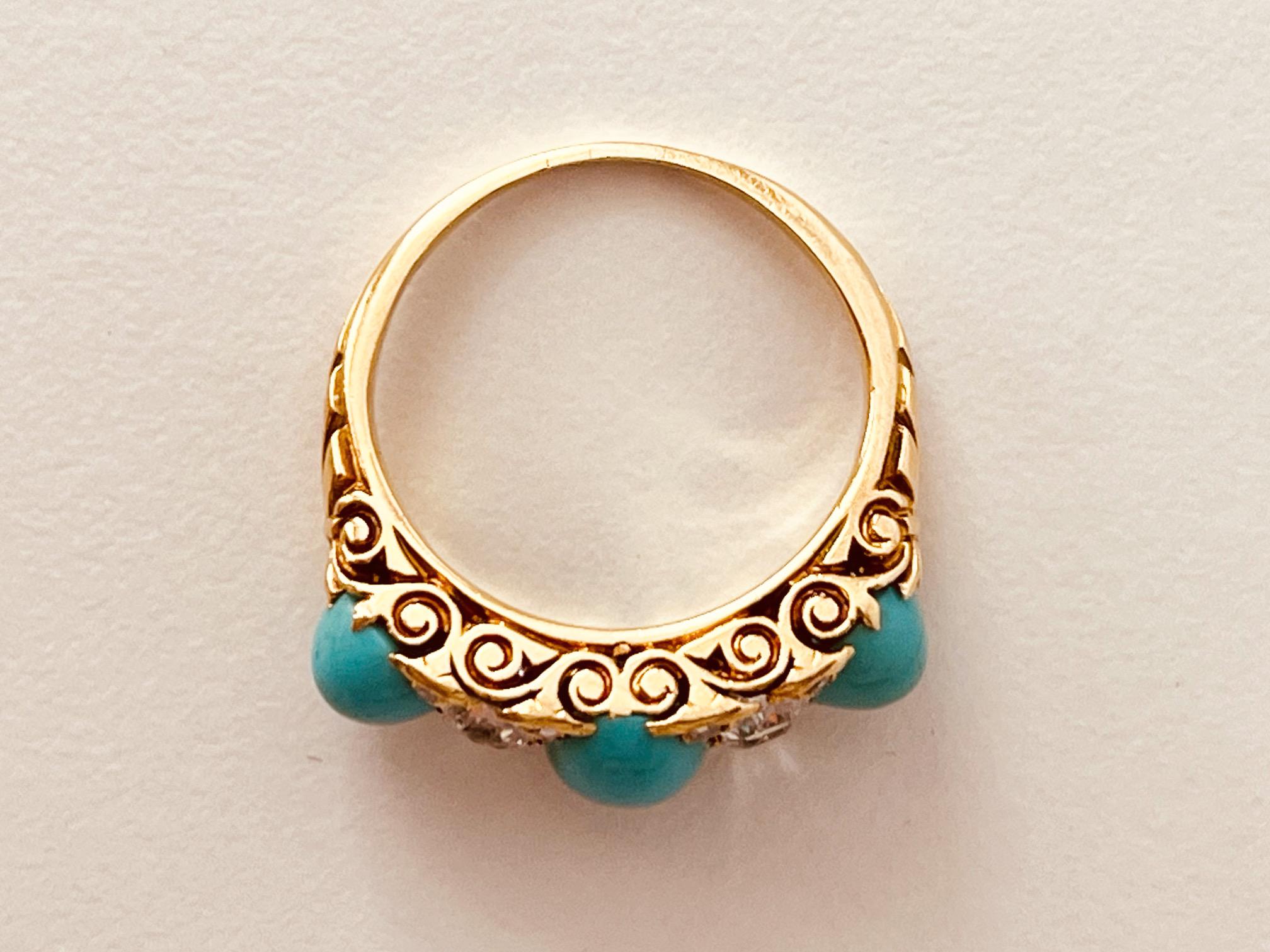 Cabochon Victorian Turquoise And Diamond 7-Stone Ring. Circa 1860s For Sale
