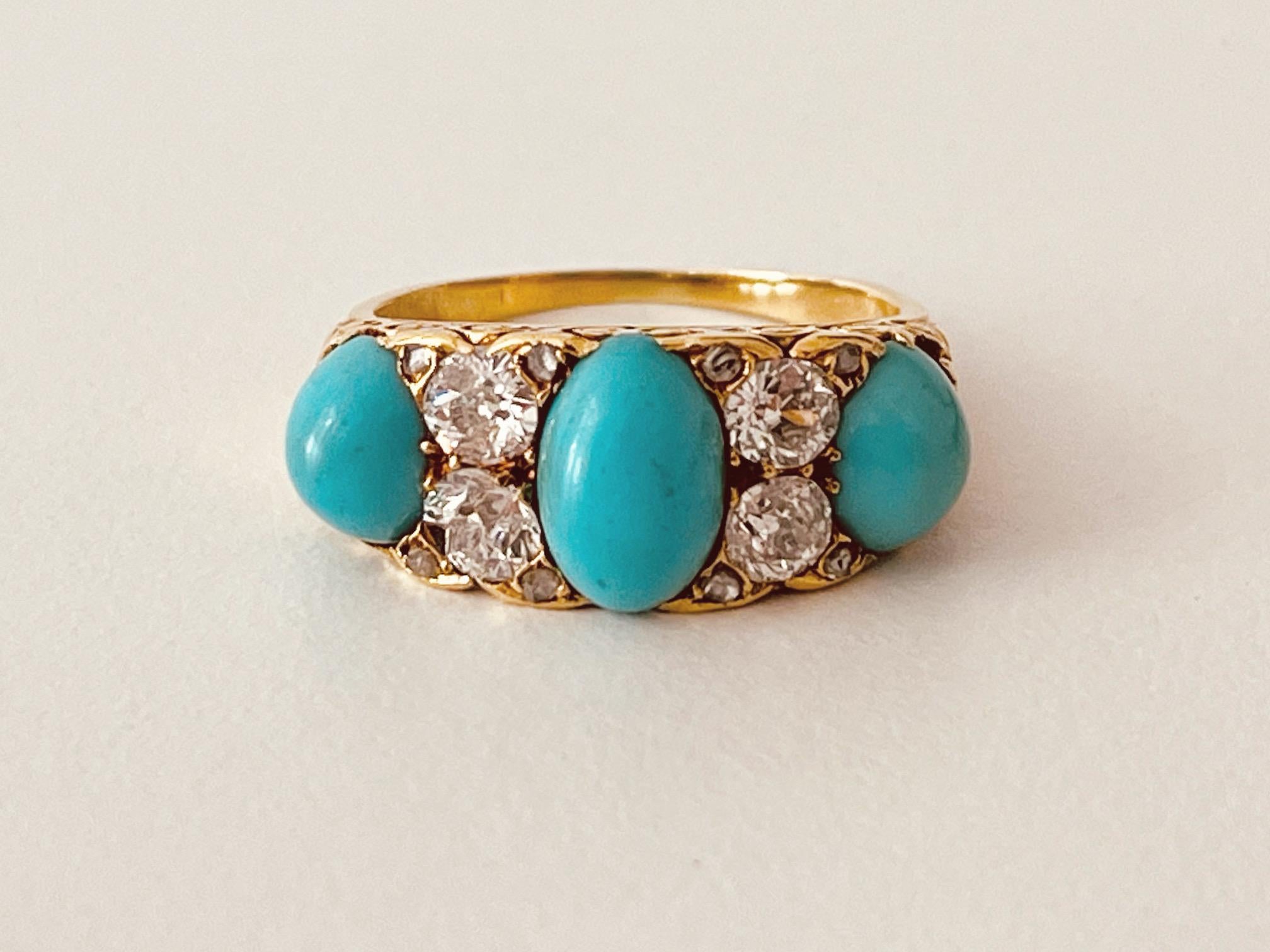 Victorian Turquoise And Diamond 7-Stone Ring. Circa 1860s In Excellent Condition For Sale In London, GB