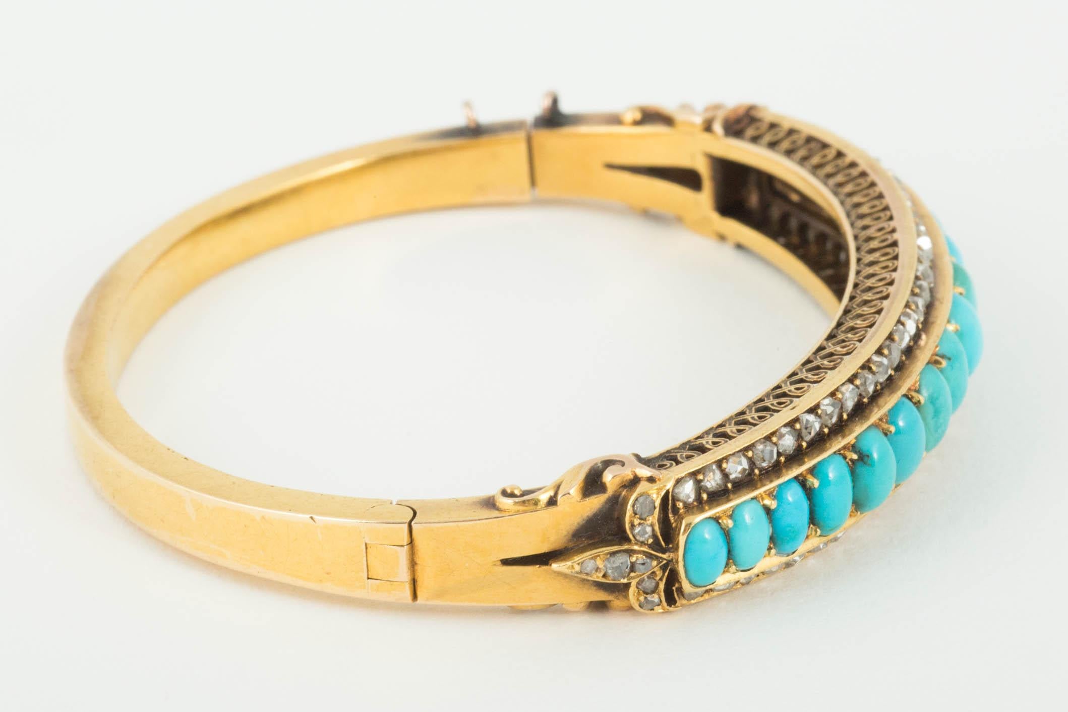 Rose Cut Victorian Turquoise and Diamond Bangle For Sale