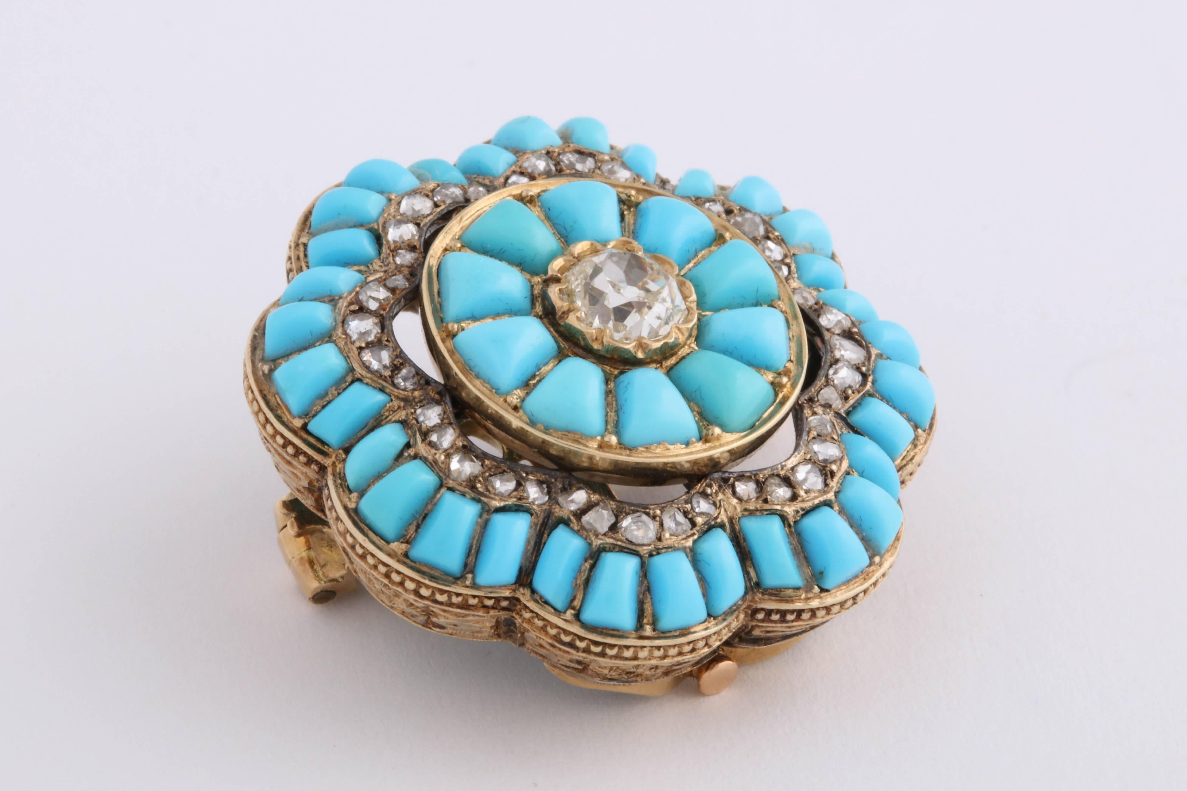 Old Mine Cut Victorian Turquoise and Diamond Brooch For Sale