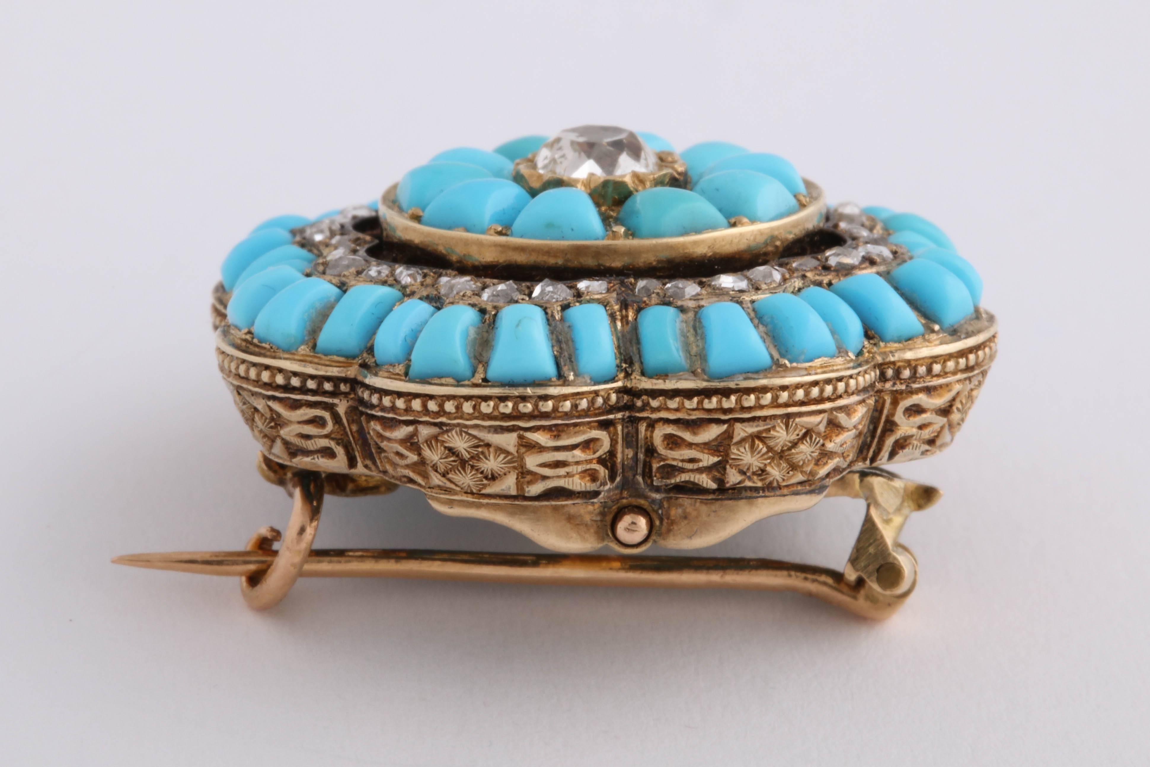 Women's or Men's Victorian Turquoise and Diamond Brooch For Sale