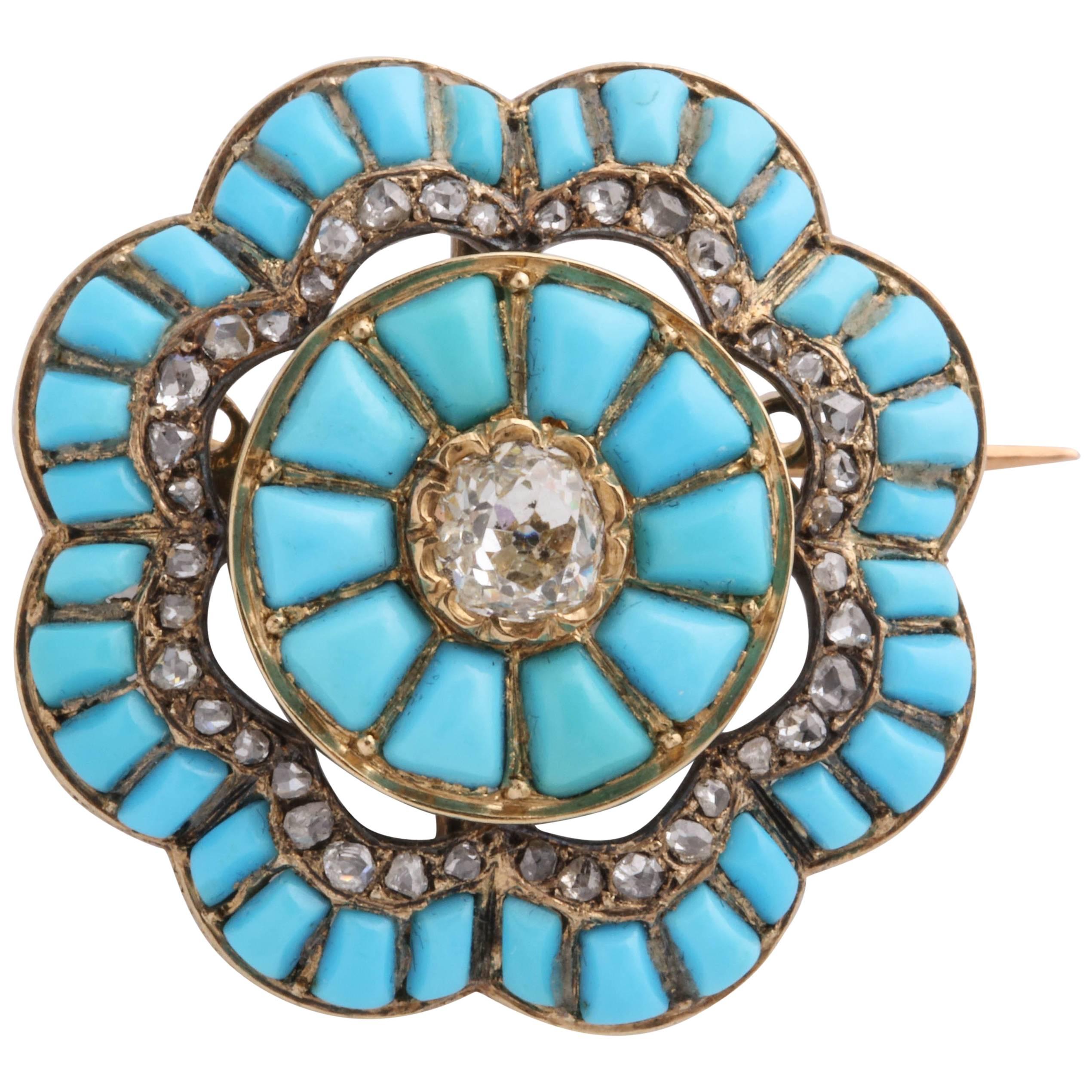 Victorian Turquoise and Diamond Brooch For Sale