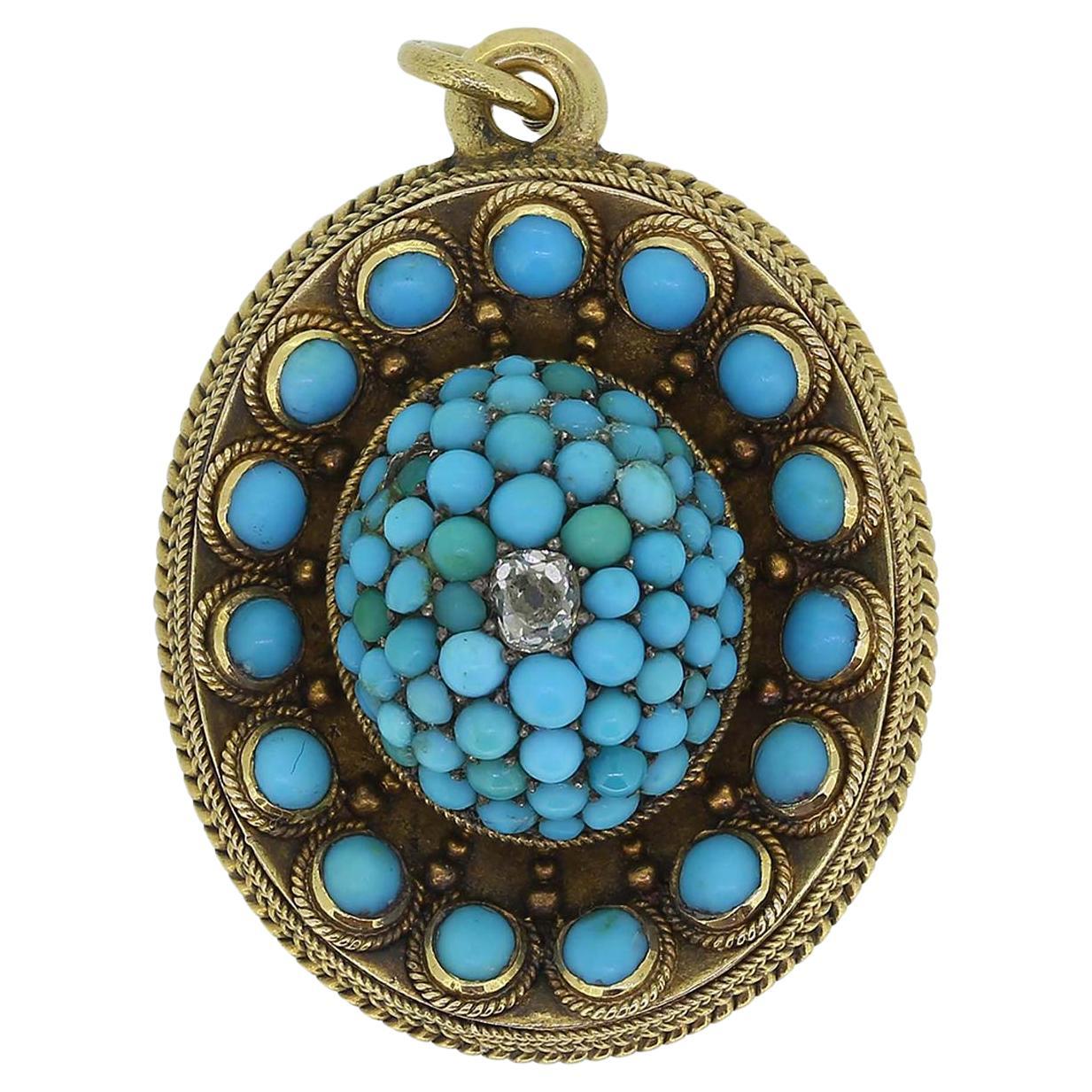 Victorian Turquoise and Diamond Cluster Locket Pendant For Sale