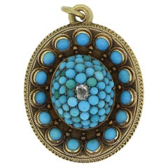 Antique Victorian Turquoise and Diamond Cluster Locket Pendant