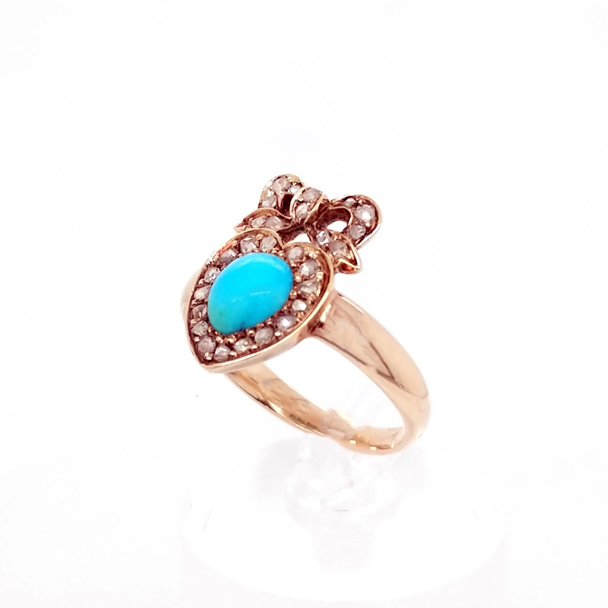 Rose Cut Victorian Turquoise and Diamond Heart and Bow Ring in Rose Gold