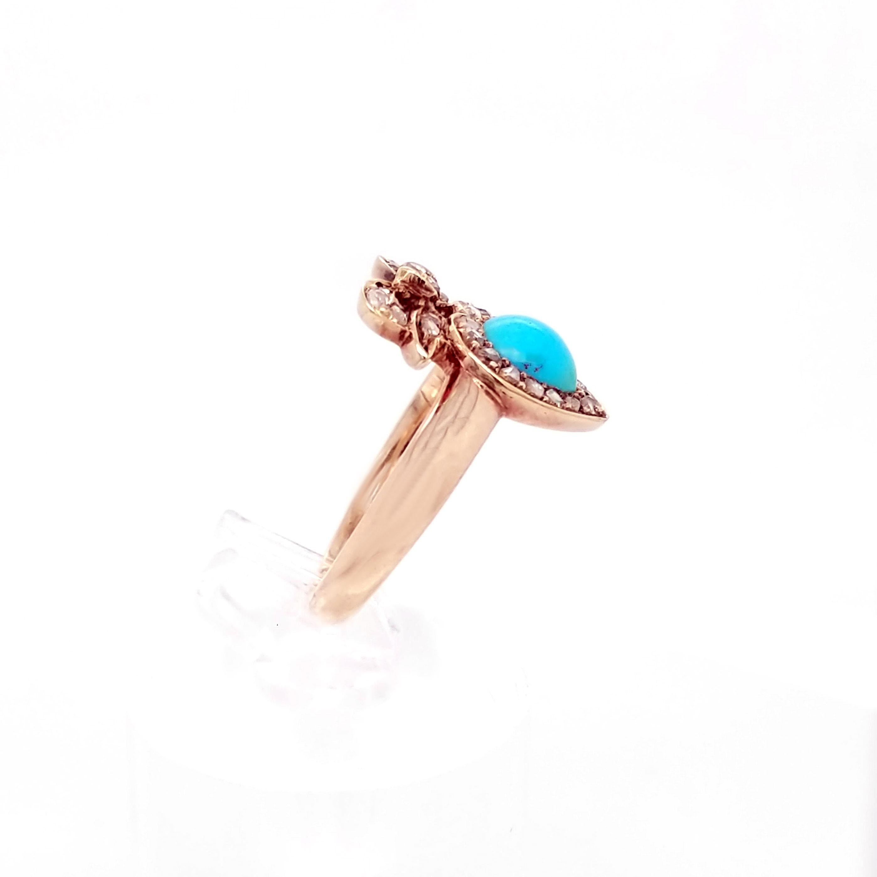 Victorian Turquoise and Diamond Heart and Bow Ring in Rose Gold In Excellent Condition In Lexington, KY