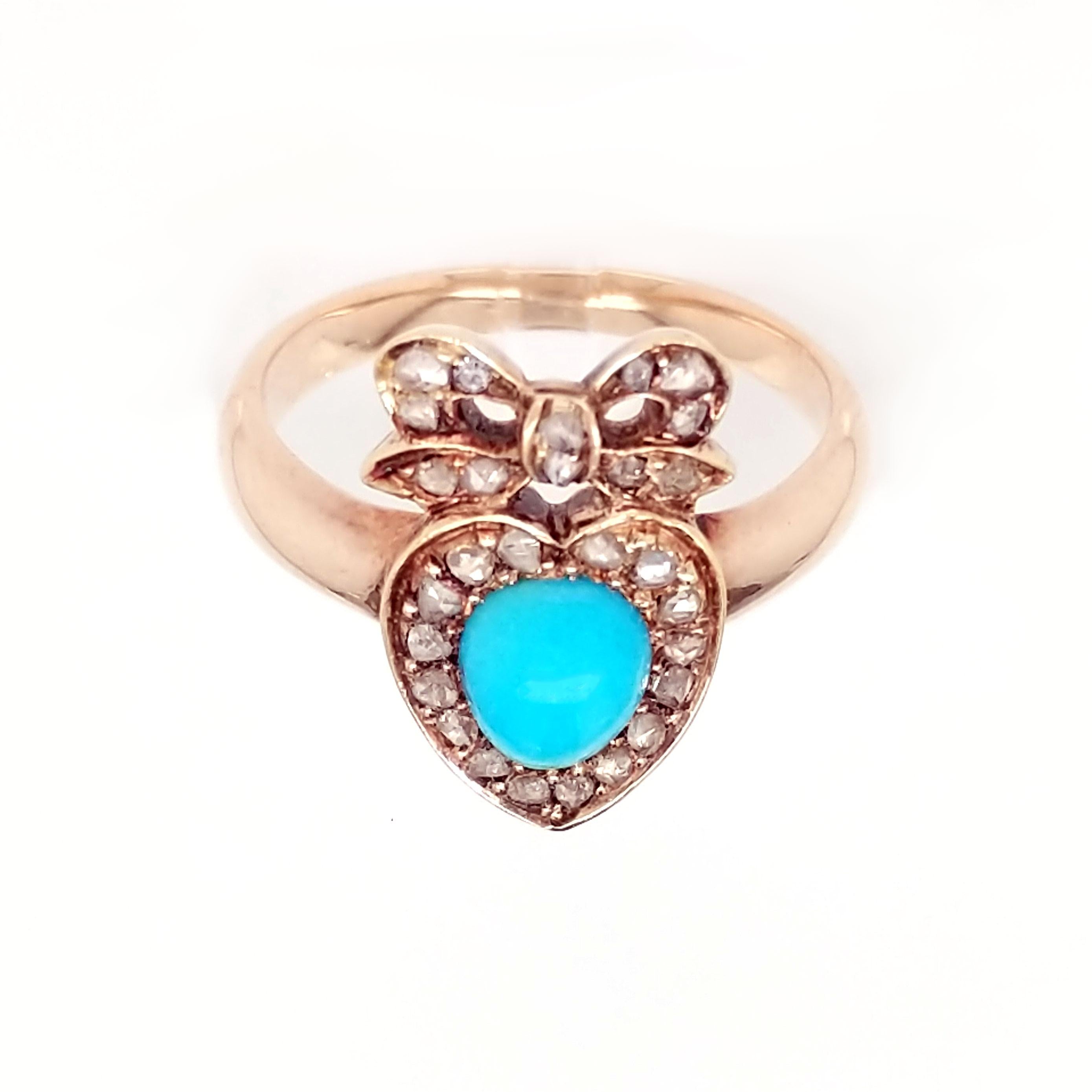 Women's or Men's Victorian Turquoise and Diamond Heart and Bow Ring in Rose Gold