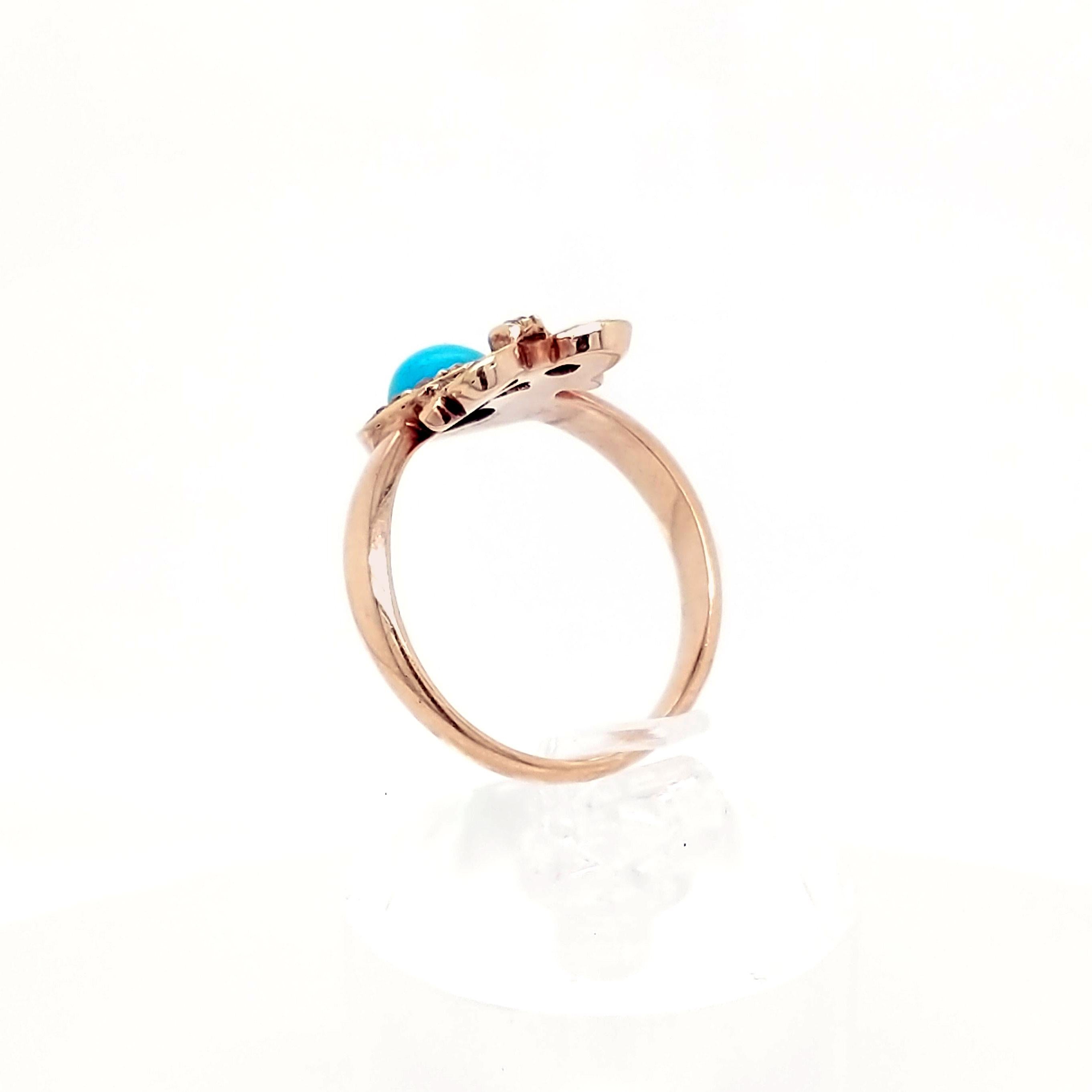 Victorian Turquoise and Diamond Heart and Bow Ring in Rose Gold 1