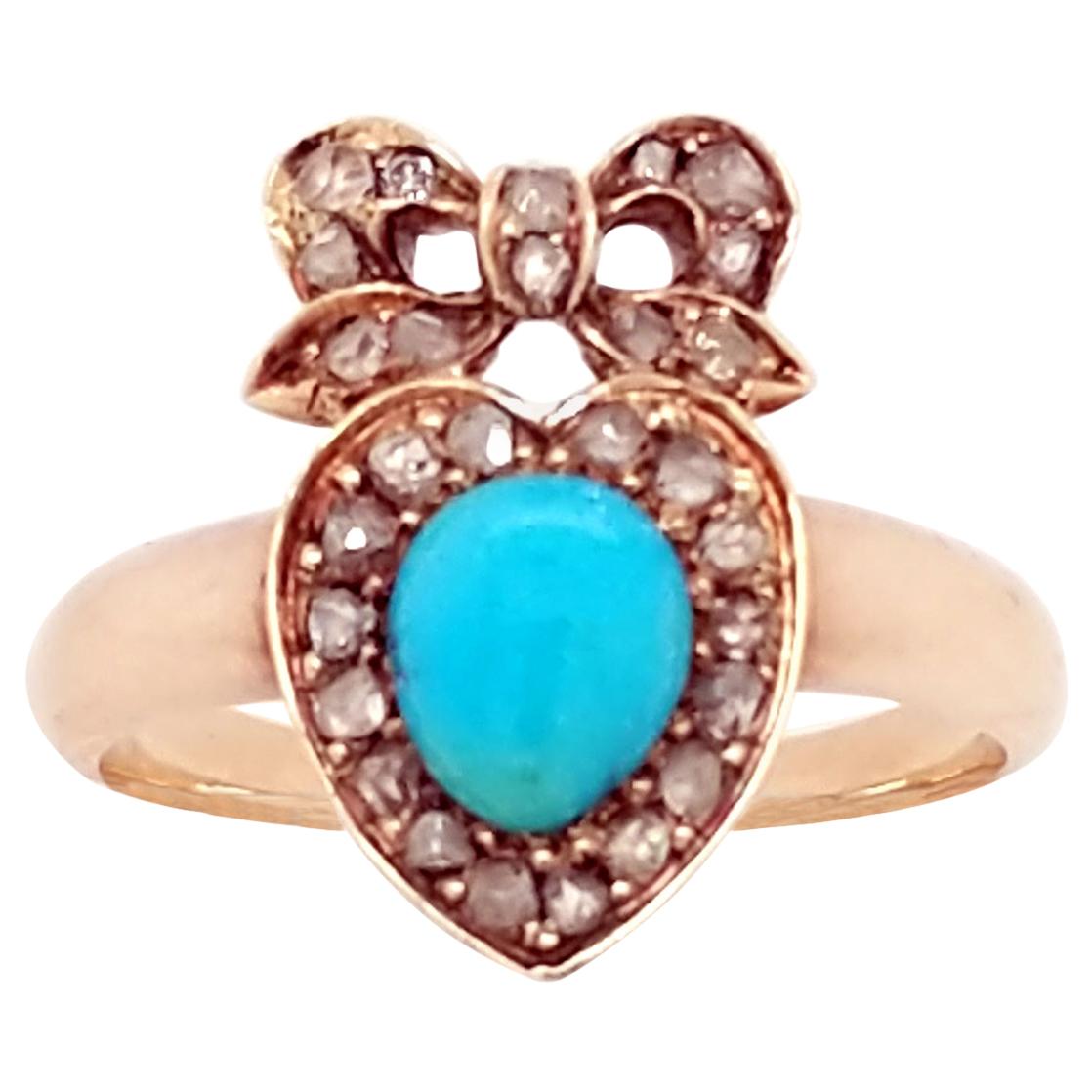 Victorian Turquoise and Diamond Heart and Bow Ring in Rose Gold