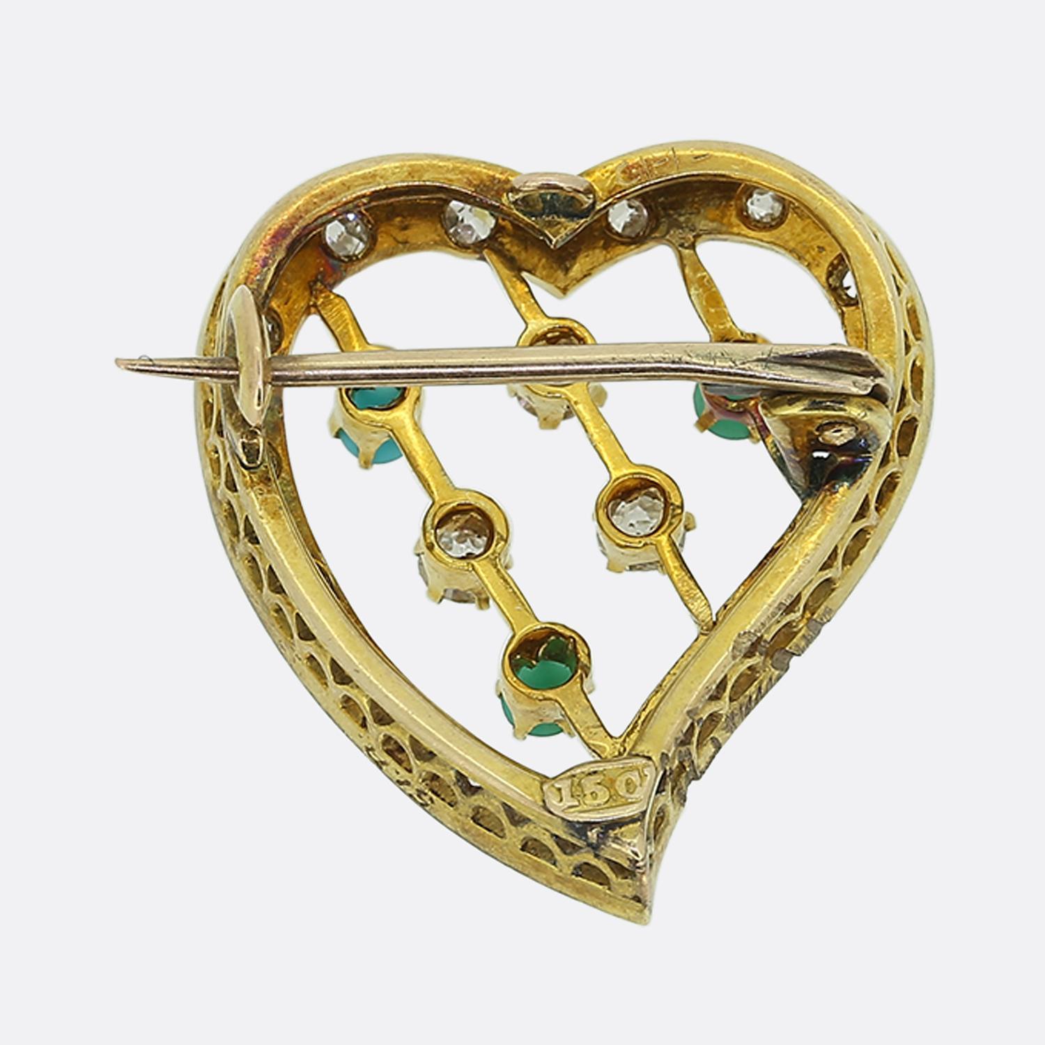 Here we have a delightful antique brooch dating back to the Victorian period. This romantic piece has been crafted from 15ct yellow gold into the shape an open love heart; the outer edge of which plays host to an alternating array of round faceted