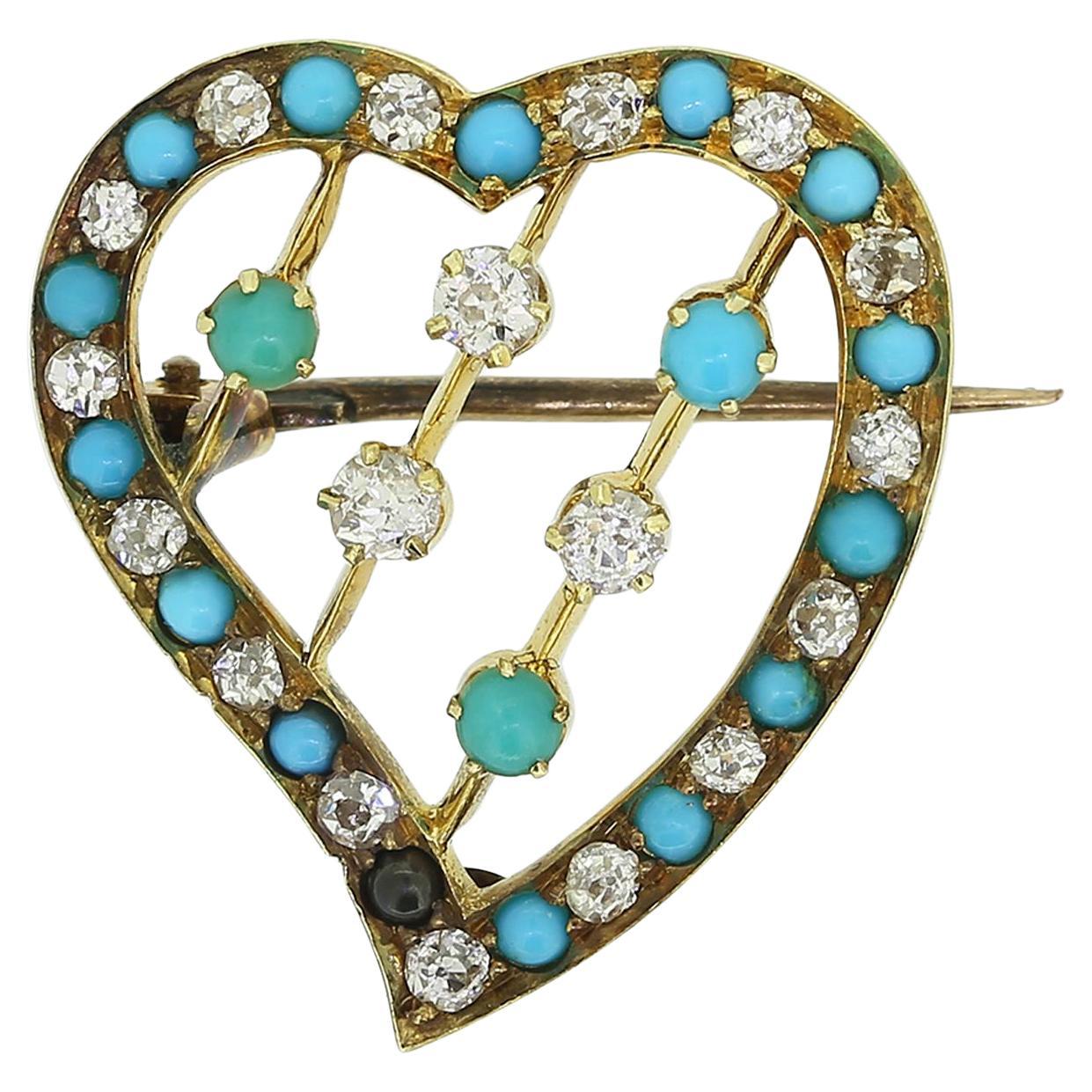 Victorian Turquoise and Diamond Heart Brooch For Sale
