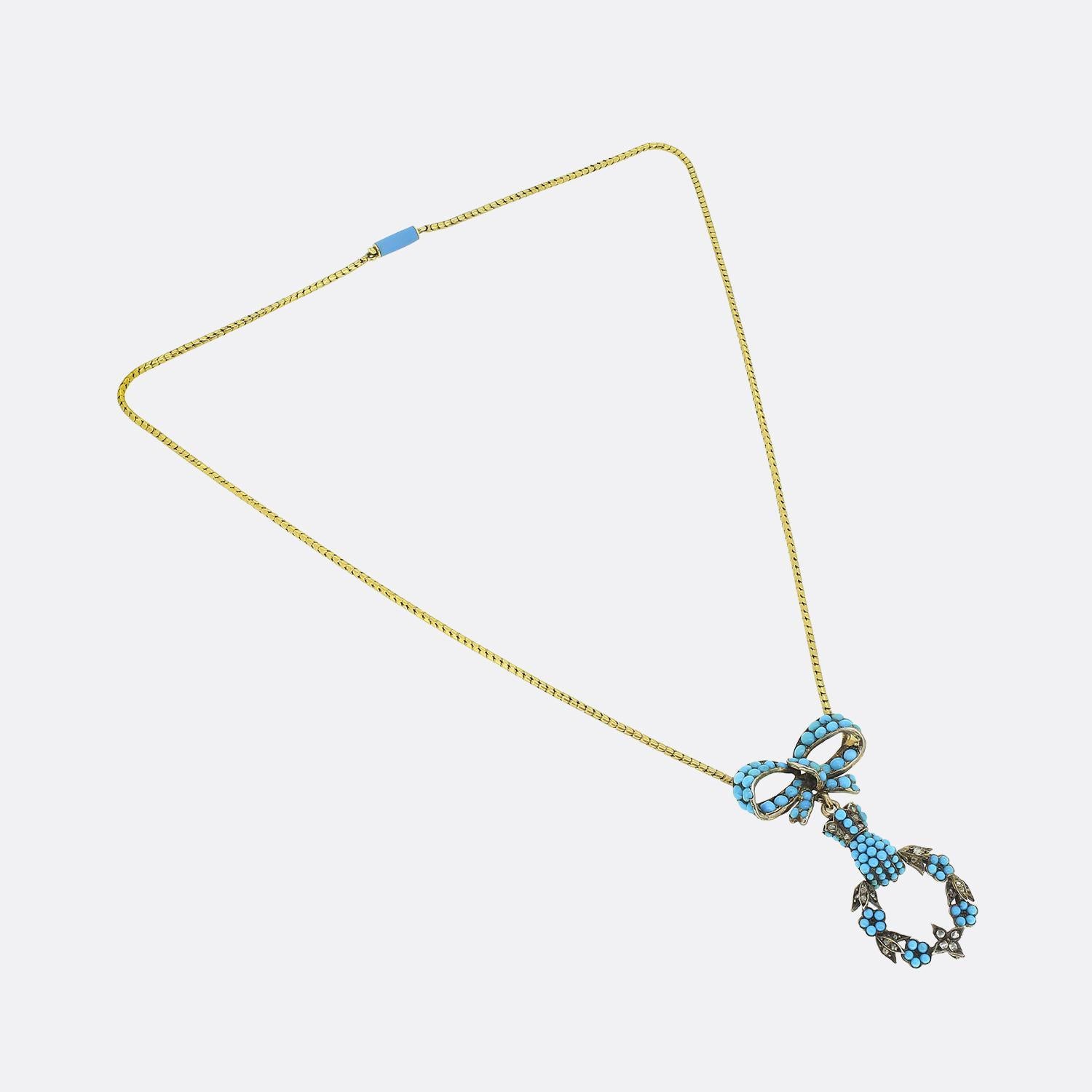 Taglio rotondo Collana vittoriana in turchese e diamanti per il lutto in vendita