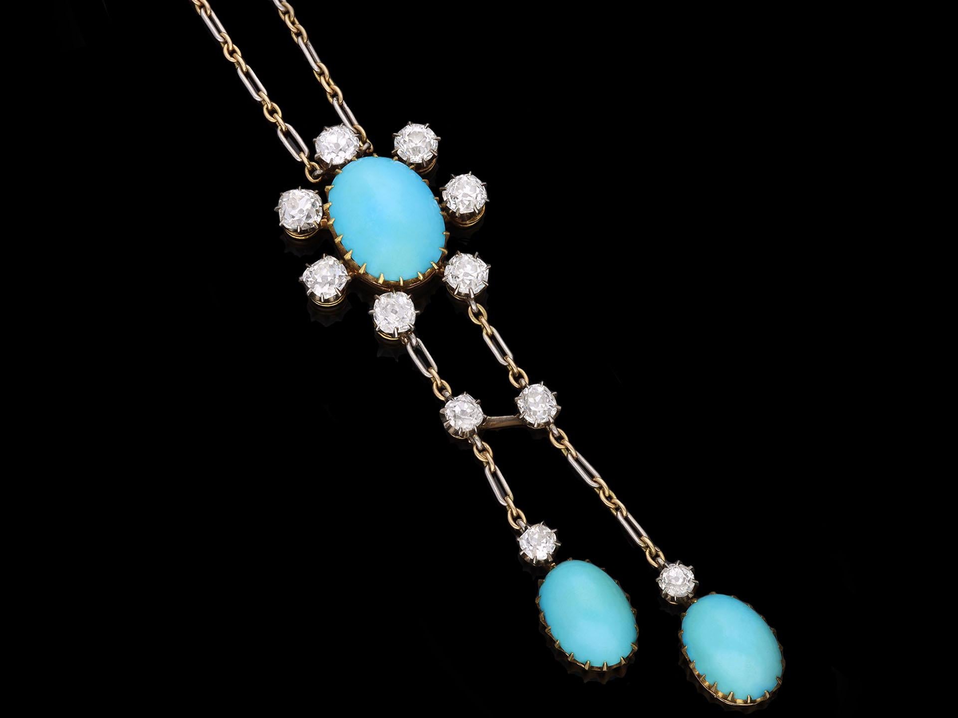 Cabochon Victorian turquoise and diamond negligée necklace, circa 1895. For Sale