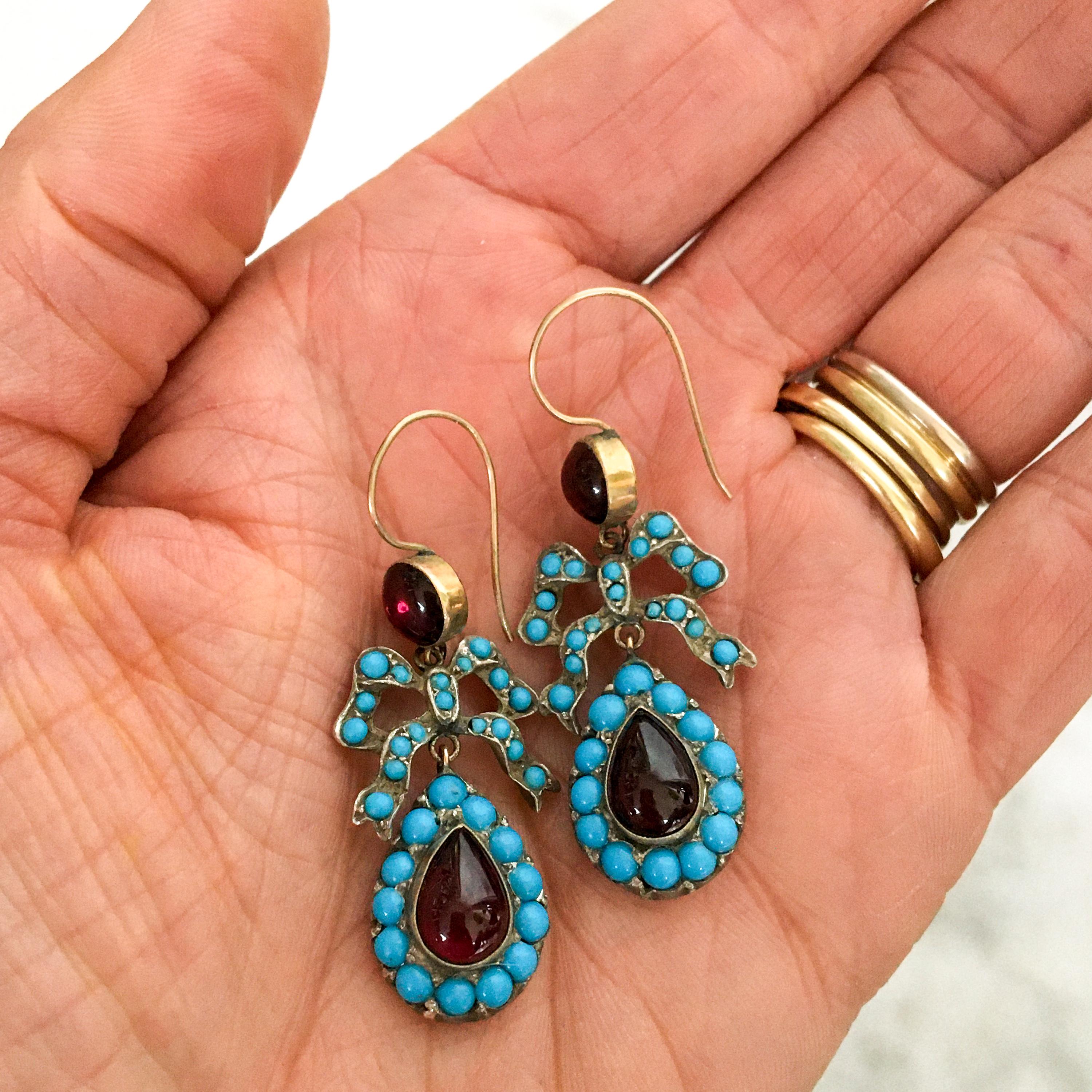 Cabochon Victorian Turquoise Garnet Dangle Earrings, England