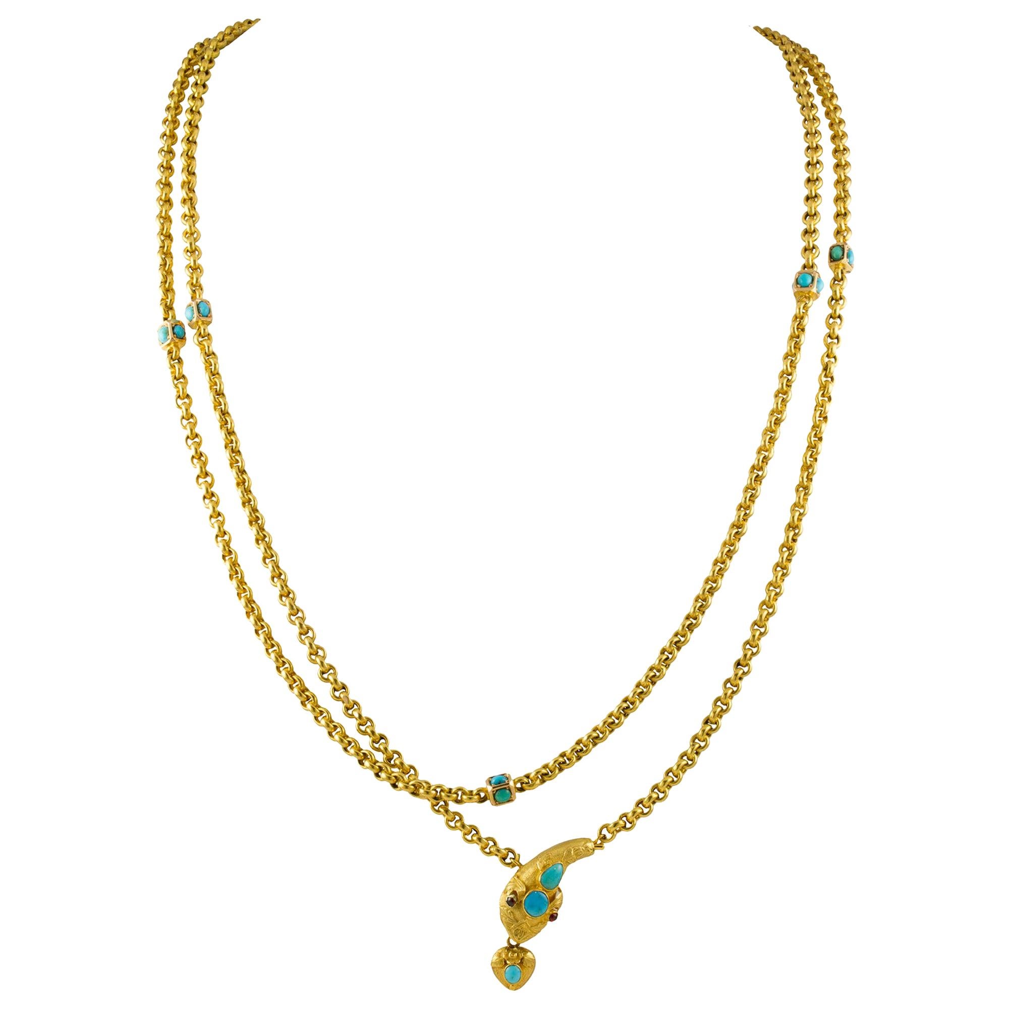 Chaîne collier serpent victorienne en or et turquoise en vente