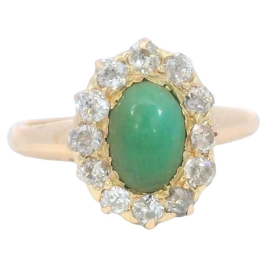 Victorian Turquoise Diamond Cluster Ring Old Mine Cut ~1.06CTW 14K Yellow Gold