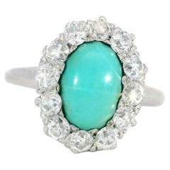 Victorian Turquoise and Old Mine Cut Diamond Cluster Ring ~2.57ctw