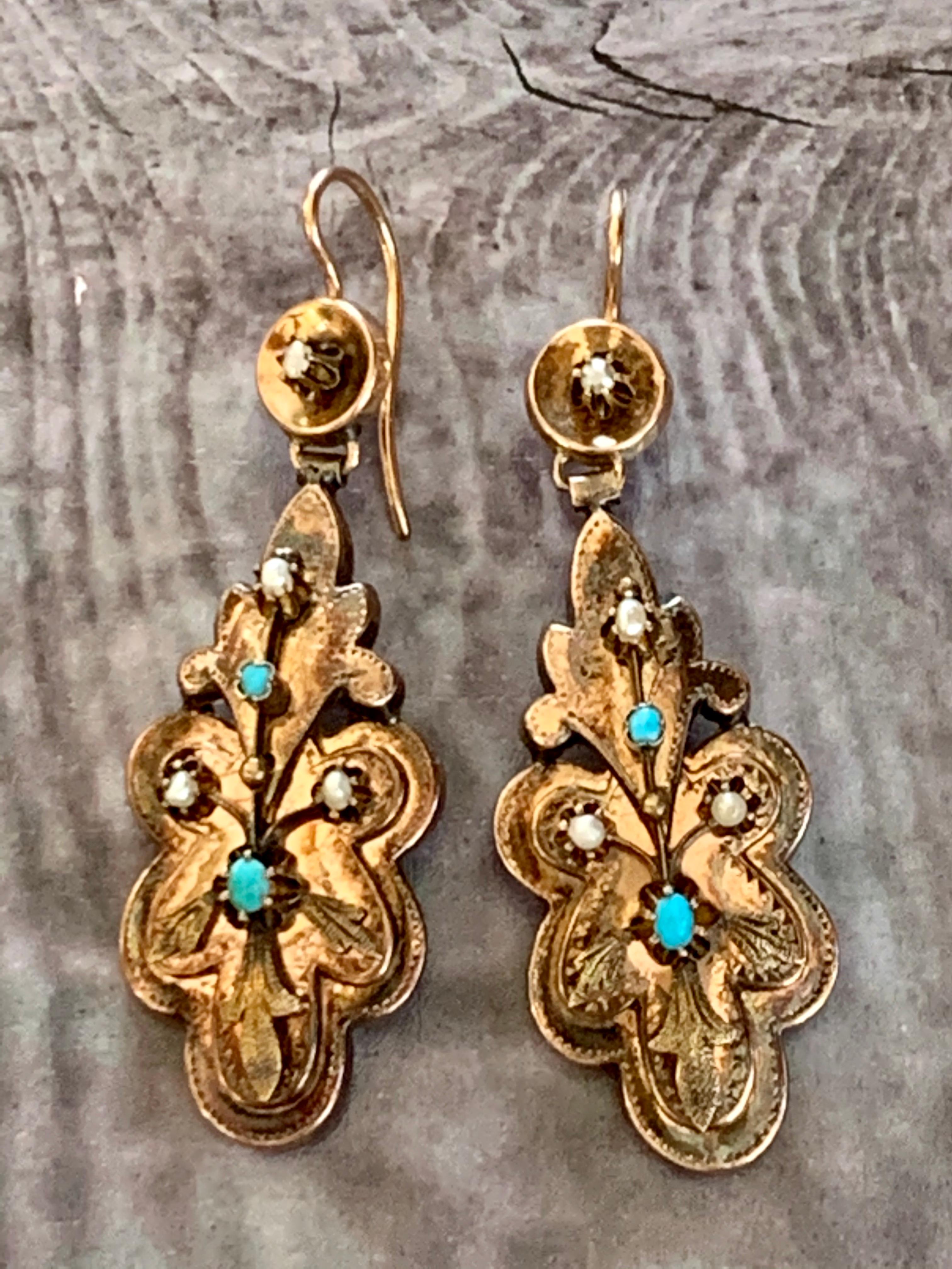 Victorian Turquoise and Pearl 14 Karat Yellow Gold Drop Earrings For Sale 3