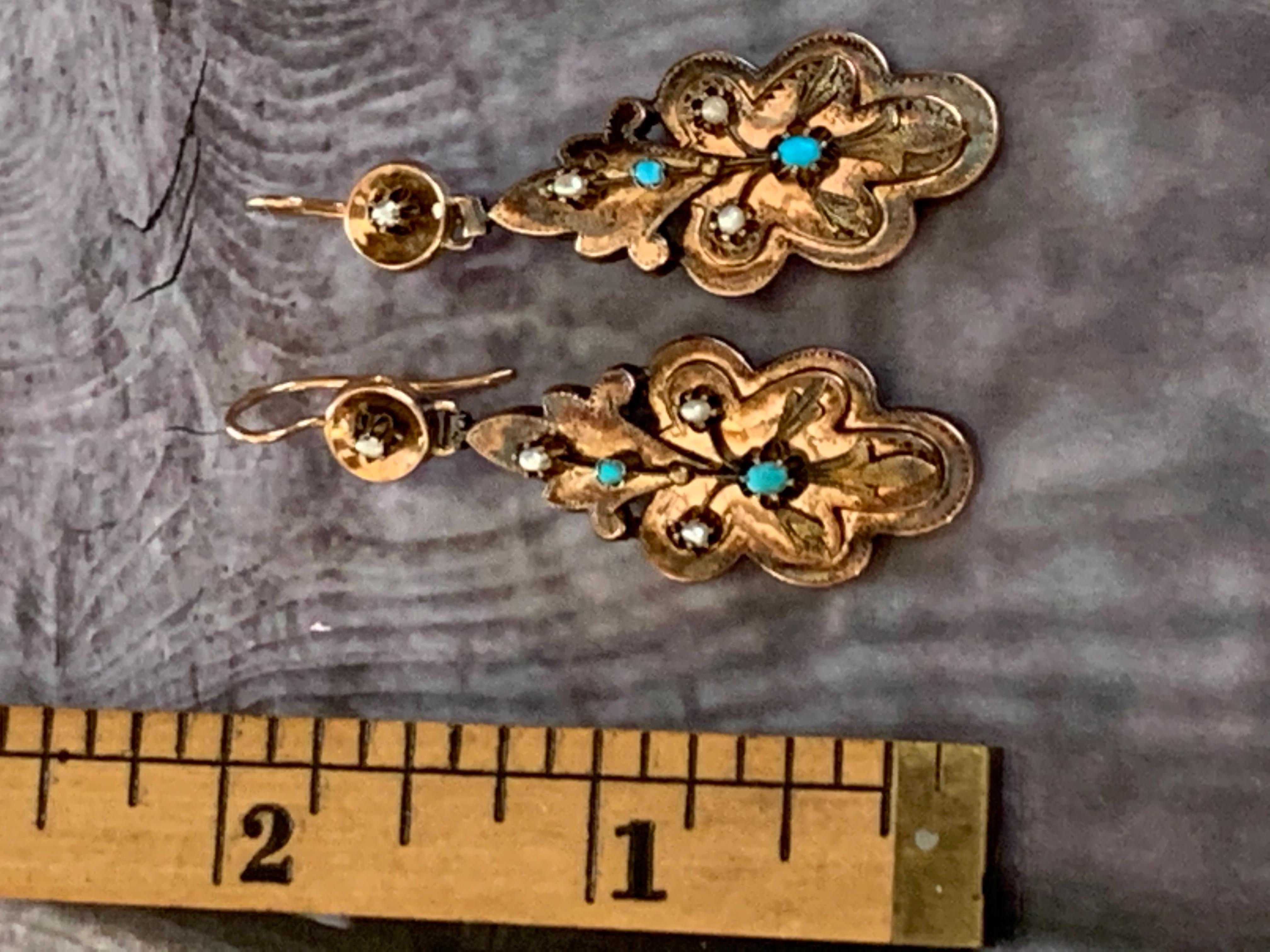 Victorian Turquoise and Pearl 14 Karat Yellow Gold Drop Earrings For Sale 4