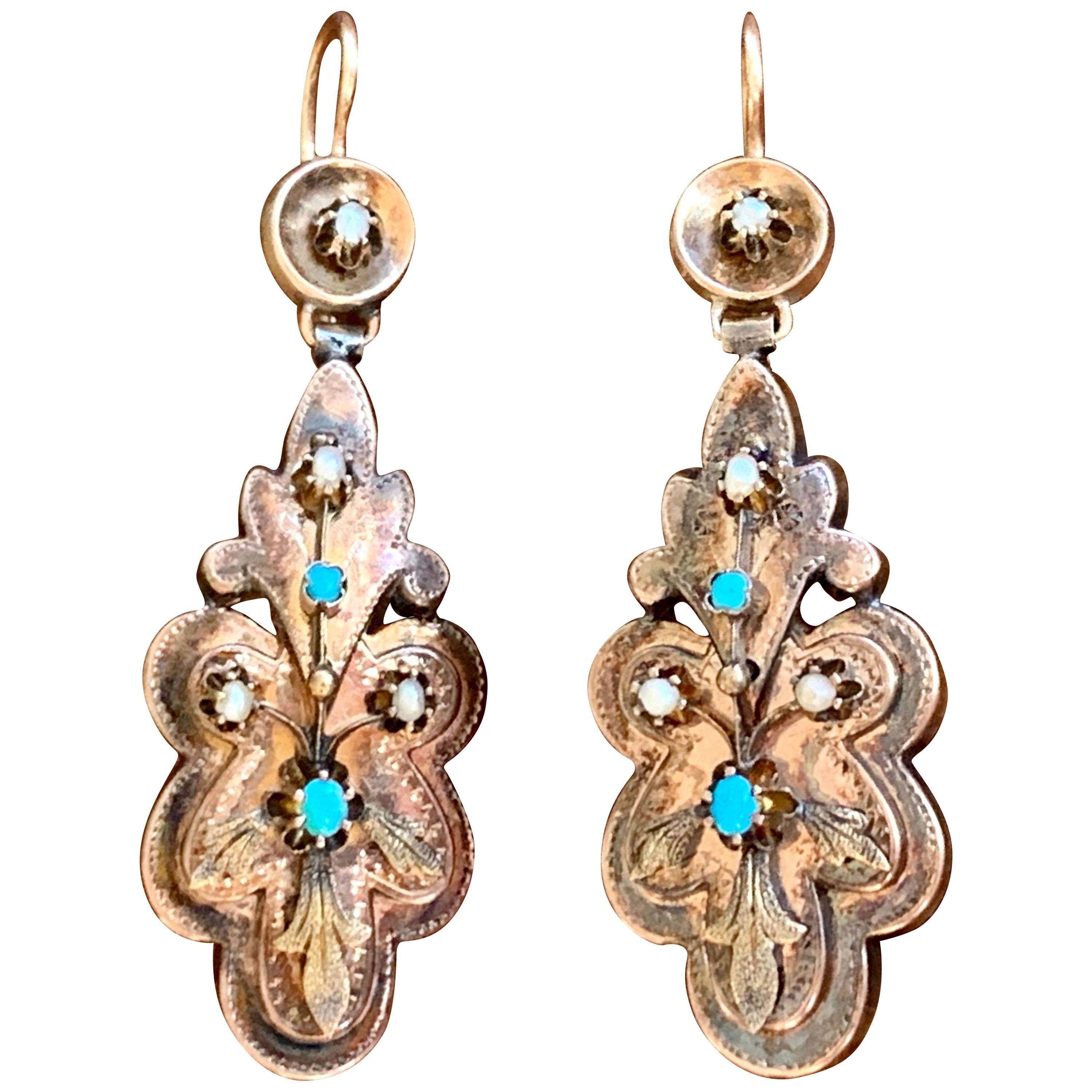 Victorian Turquoise and Pearl 14 Karat Yellow Gold Drop Earrings For Sale