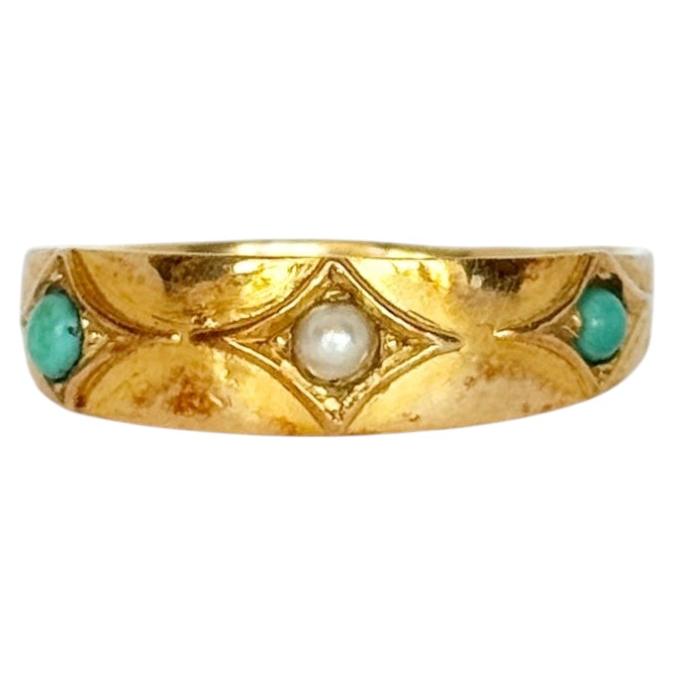 Anillo Victoriano de Turquesa y Perla de Oro de 15 Quilates