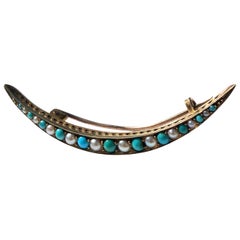 Victorian Turquoise and Pearl 15 Carat Gold Crescent Brooch