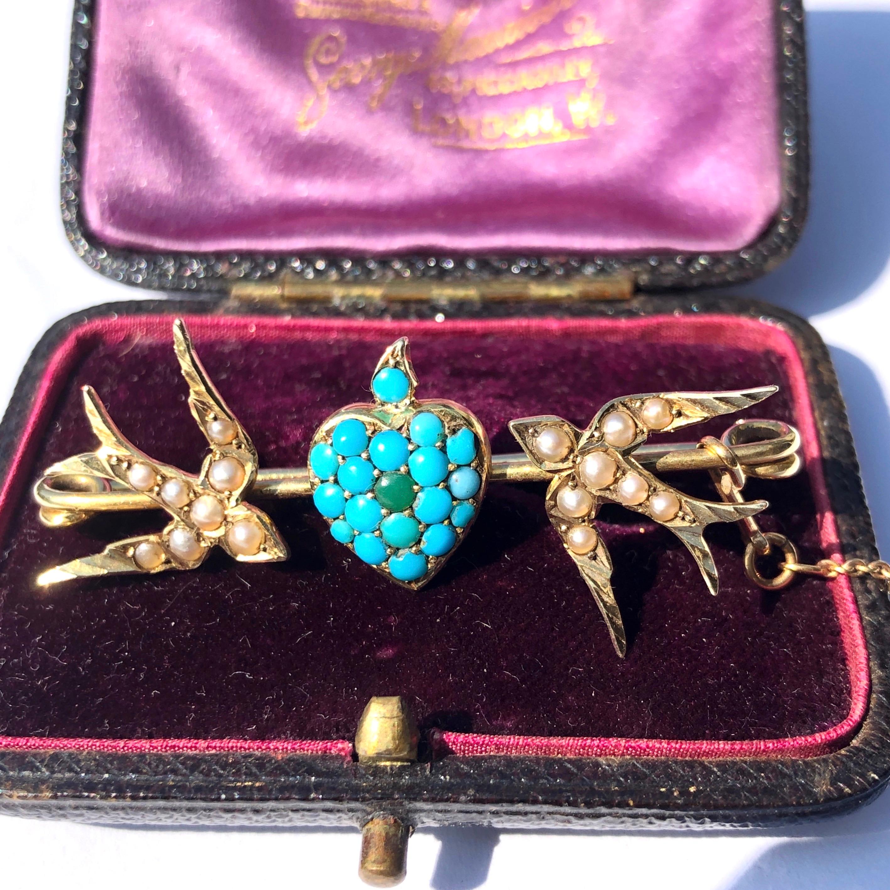 Women's Victorian Turquoise and Pearl 15 Carat Gold Love Bird Brooch