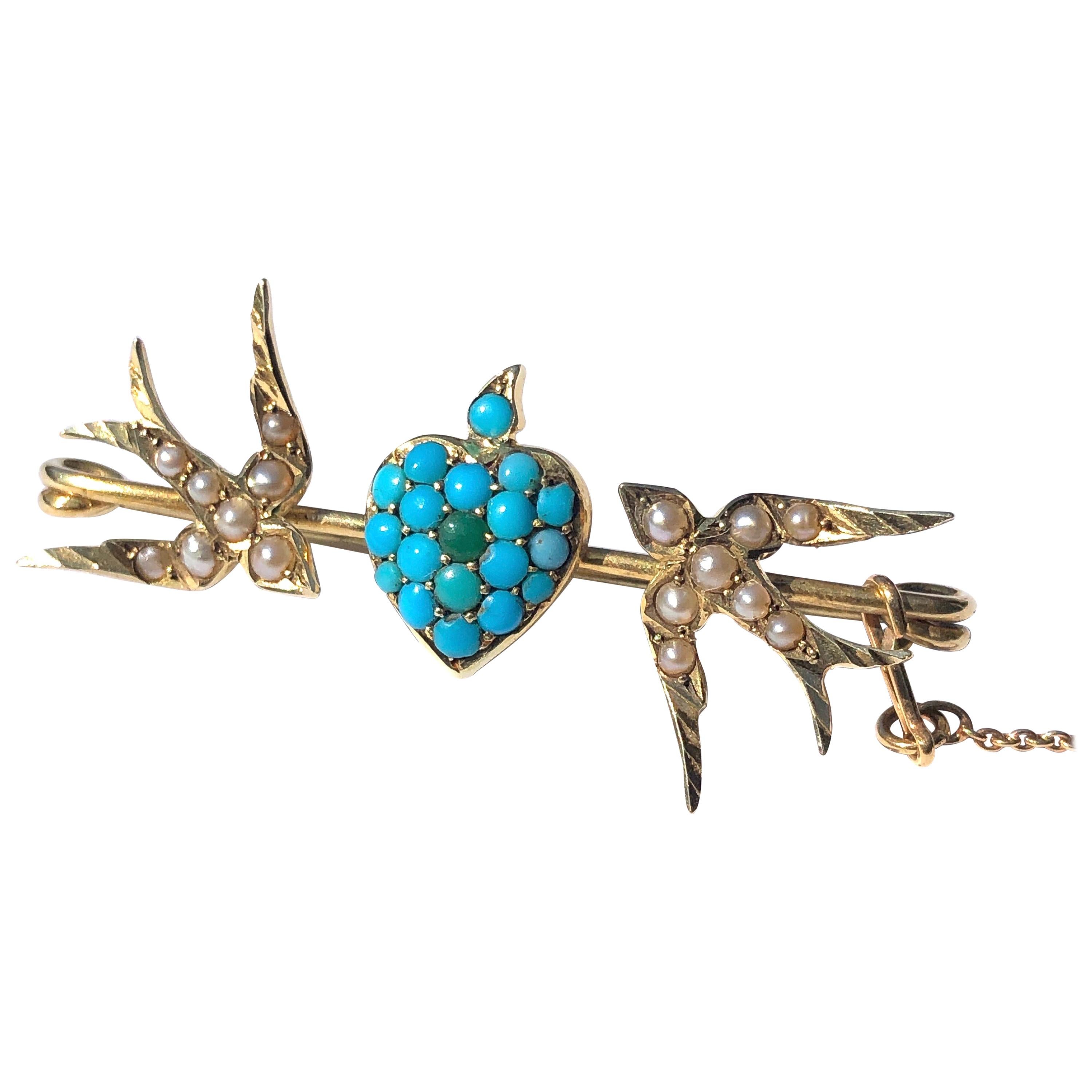 Victorian Turquoise and Pearl 15 Carat Gold Love Bird Brooch