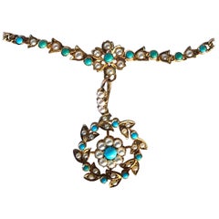Victorian Turquoise and Pearl 15 Carat Gold Necklace and Pendant