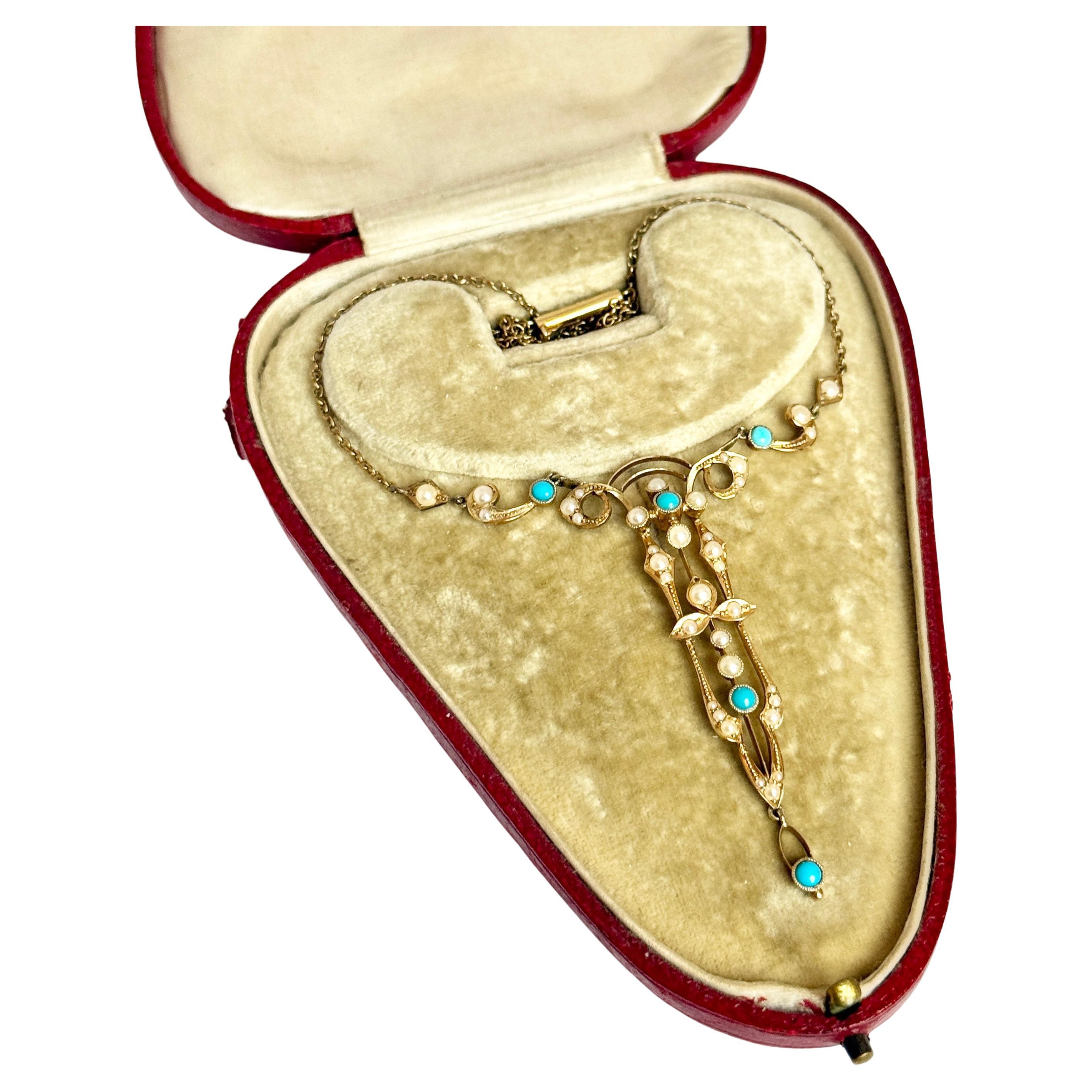 Victorian Turquoise and Pearl 15 Carat Gold Necklace and Pendant In Fitted Box