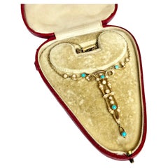 Collana e ciondolo vittoriani in turchese e perle in oro a 15 carati in scatola
