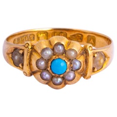Victorian Turquoise and Pearl 18 Carat Gold Cluster Ring