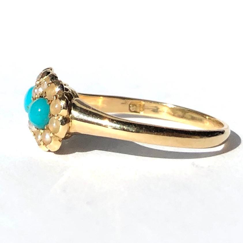 This sweet double cluster ring holds two halos of tiny pearls and at the centre sit two bright blue turquoise stones. The ring has a lovely dainty feel and is modelled in 18ct gold. 

Ring Size: L or 5 3/4
Cluster Dimensions: 10x8mm 

Weight: 2.2g
