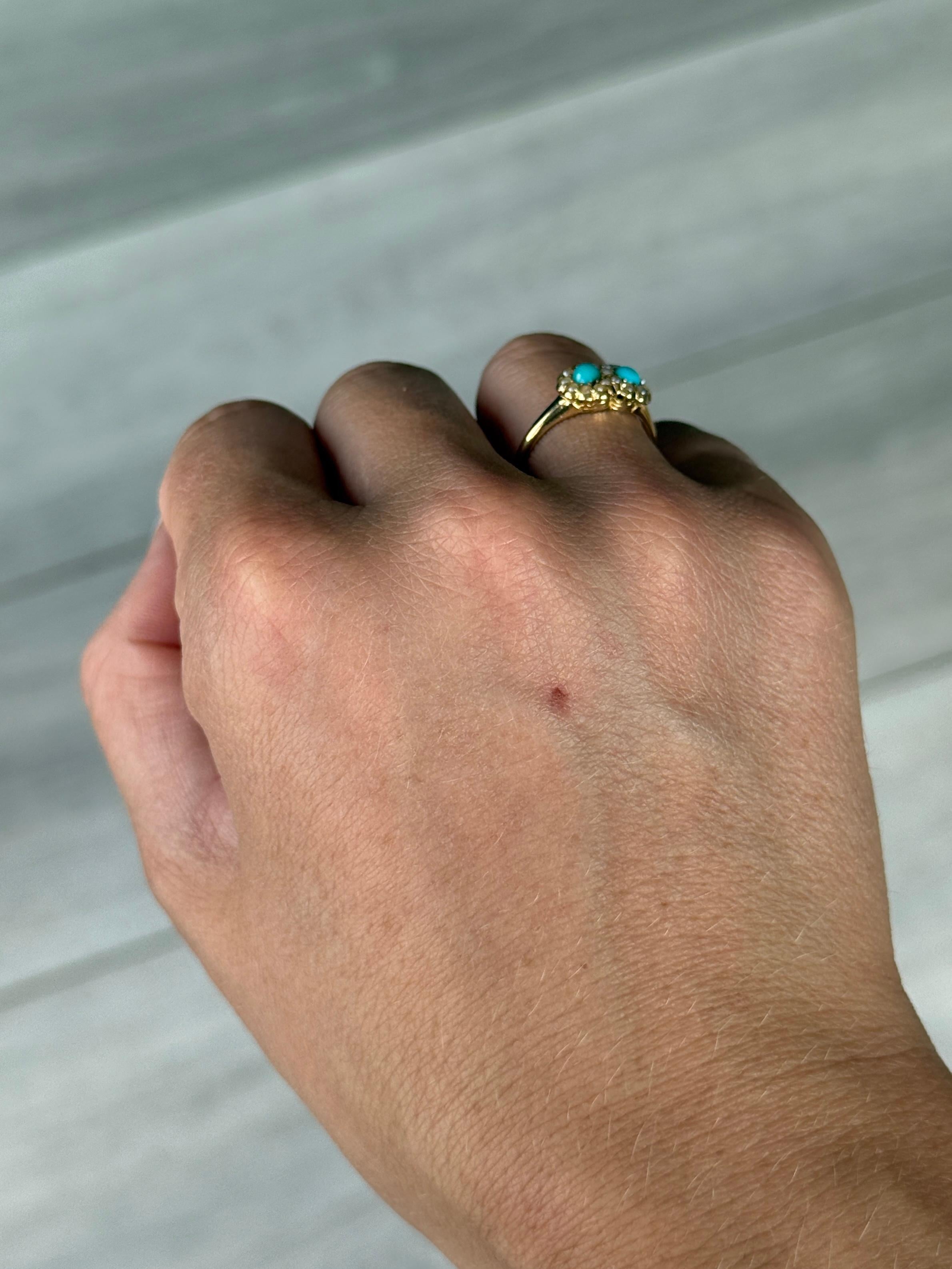 This sweet double cluster ring holds two halos of tiny pearls and at the centre sit two bright blue turquoise stones. The ring has a lovely dainty feel and is modelled in 18ct gold. 

Ring Size: L or 5 3/4
Cluster Dimensions: 10x8mm 

Weight: 2.2g