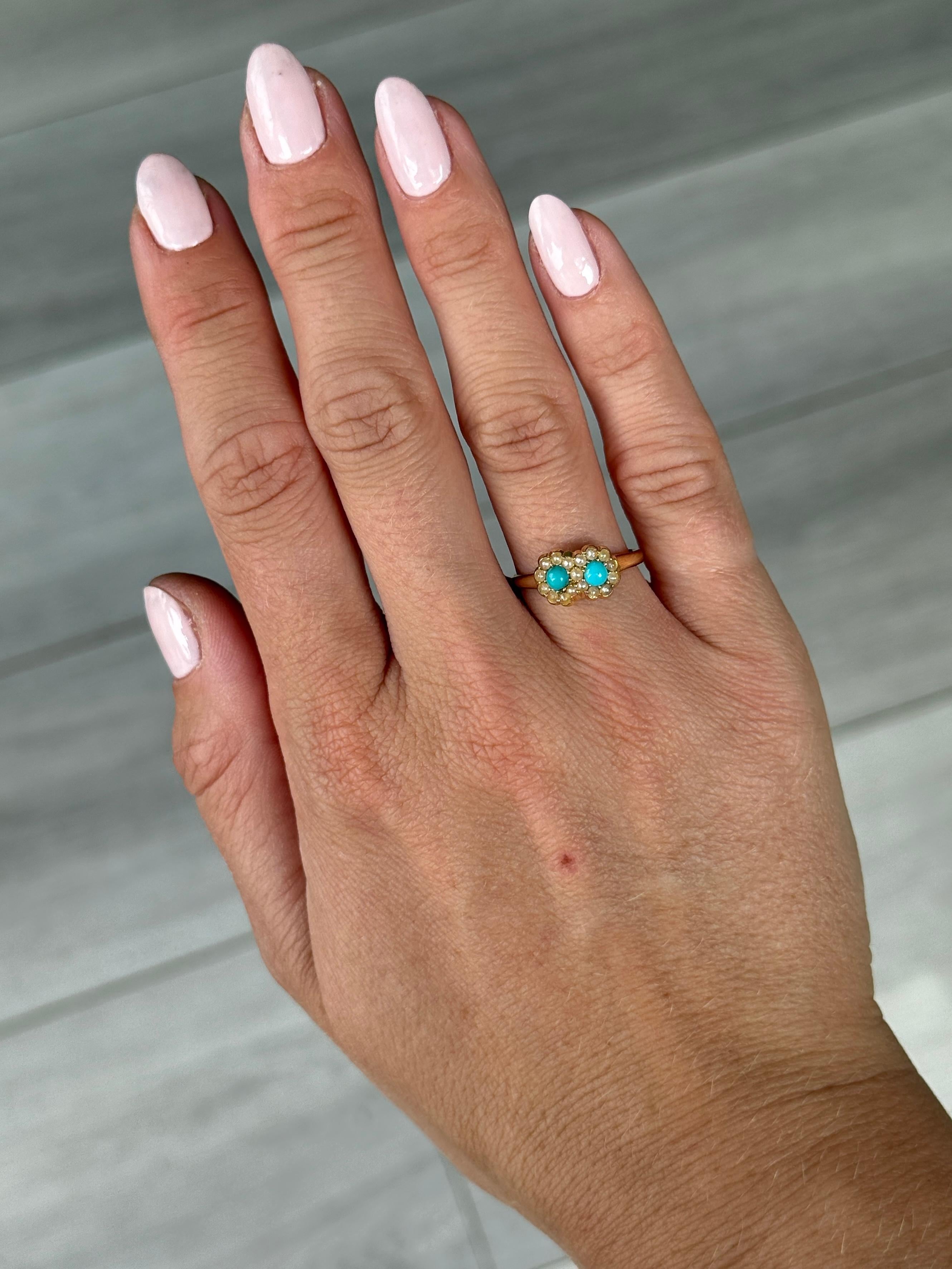 Uncut Victorian Turquoise and Pearl 18 Carat Gold Double Cluster Ring For Sale