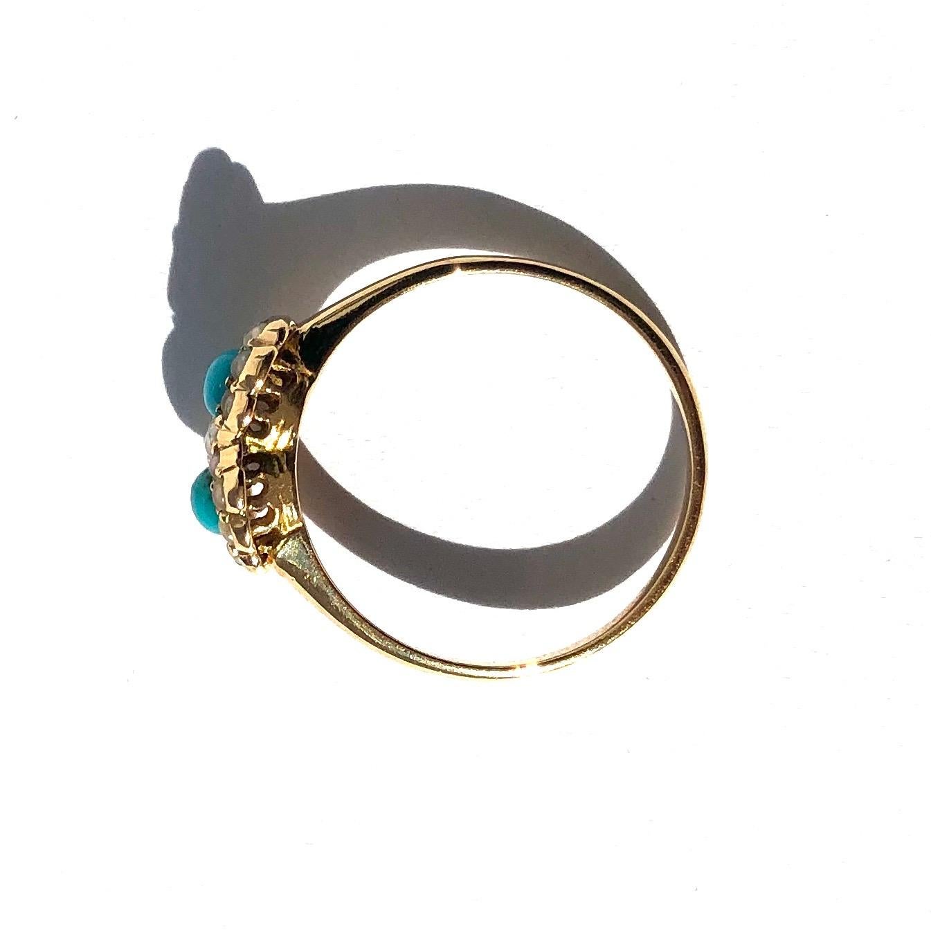 Anello vittoriano con doppio cluster di turchesi e perle in oro 18 carati In condizioni buone in vendita a Chipping Campden, GB