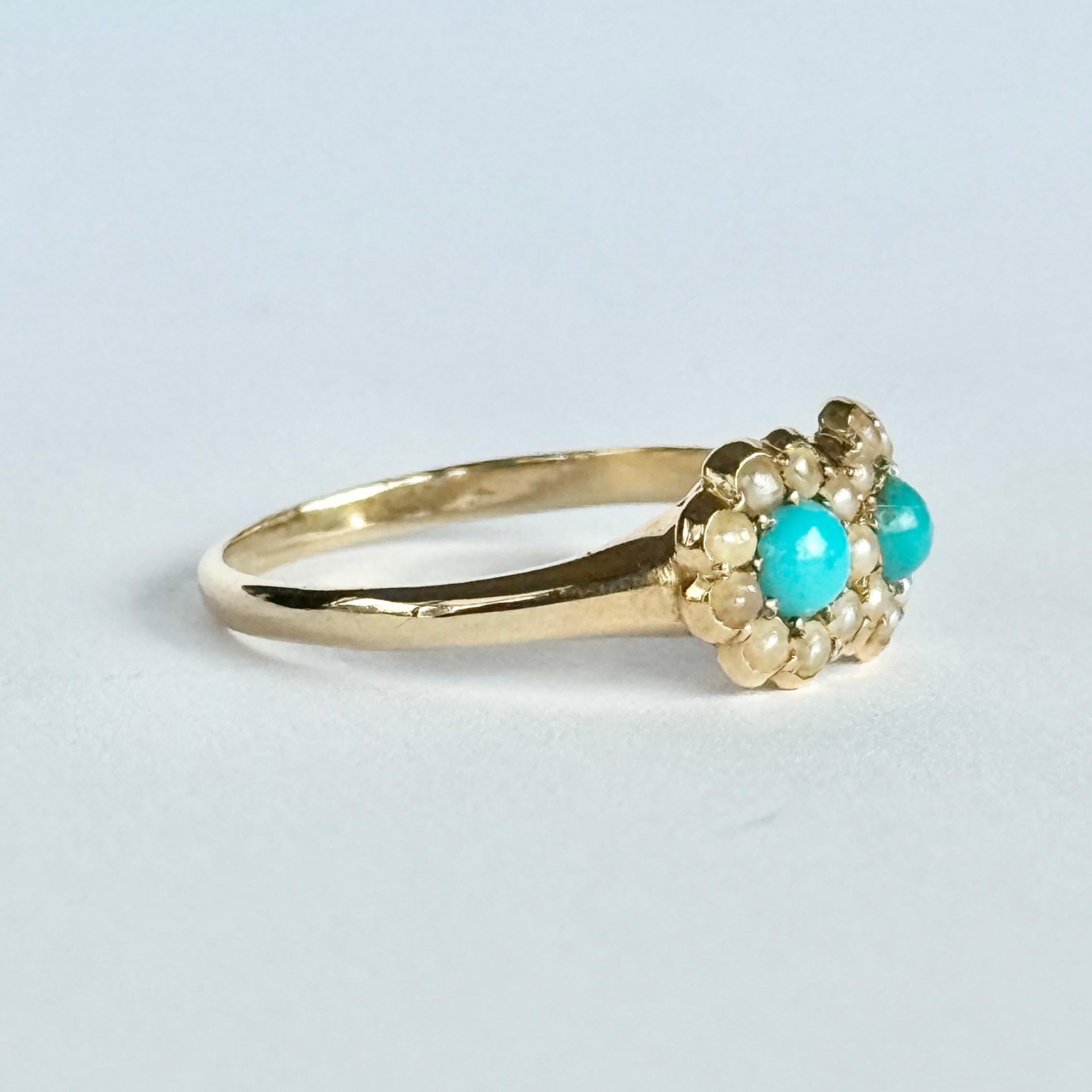 Women's Victorian Turquoise and Pearl 18 Carat Gold Double Cluster Ring For Sale