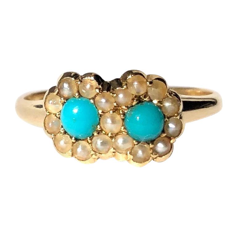 Victorian Turquoise and Pearl 18 Carat Gold Double Cluster Ring