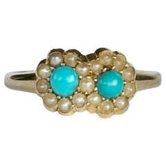 Victorian Turquoise and Pearl 18 Carat Gold Double Cluster Ring