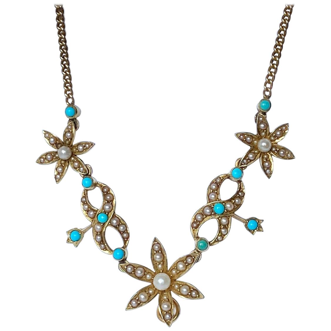 Victorian Turquoise and Pearl 18 Carat Gold Necklace and Pendant