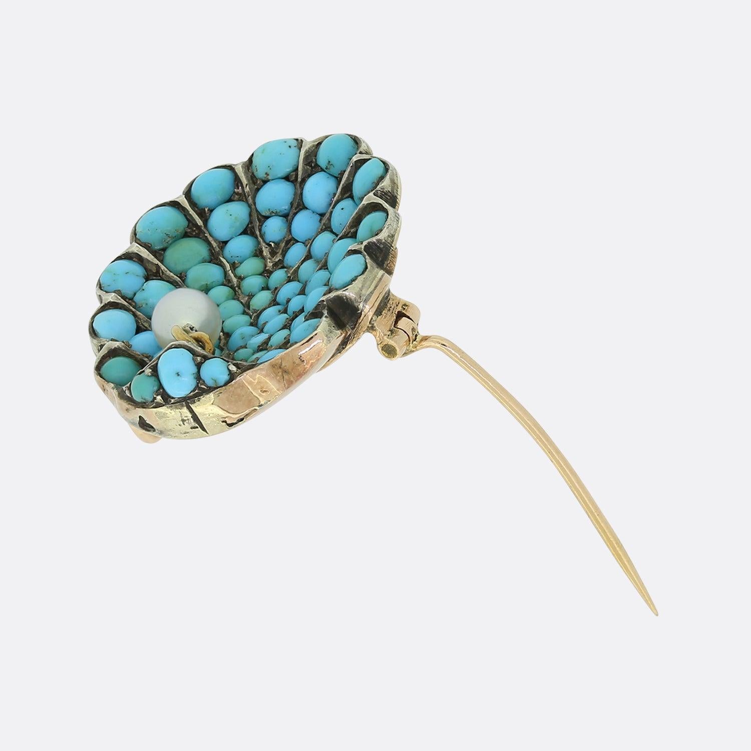 Cabochon Victorian Turquoise and Pearl Clam Brooch For Sale