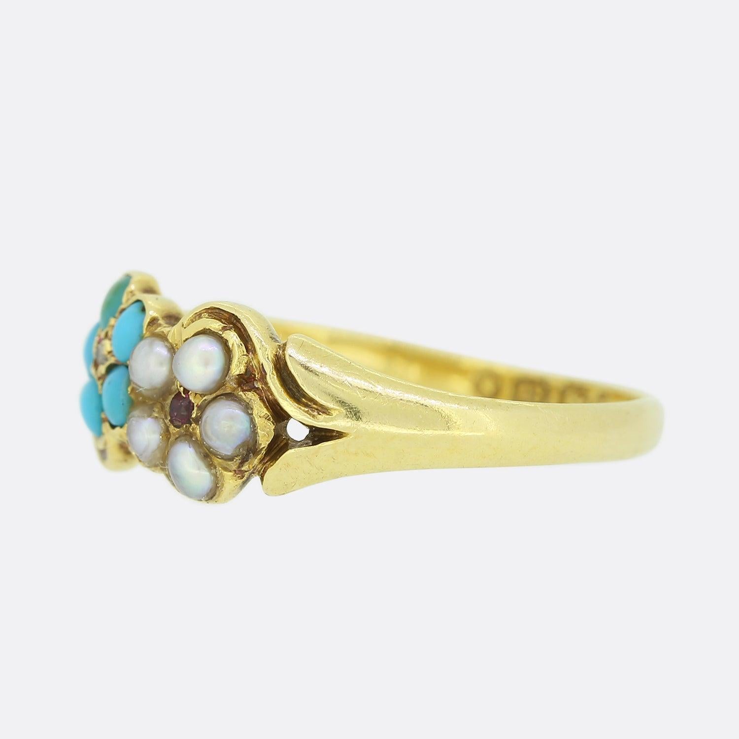 This is an 18ct yellow gold turquoise and pearl cluster ring from the Victorian era. Sat between a pair of swirling open shoulders are a cluster of round natural pearls with a centralised rose cut diamond and a cluster of turquoise with a
