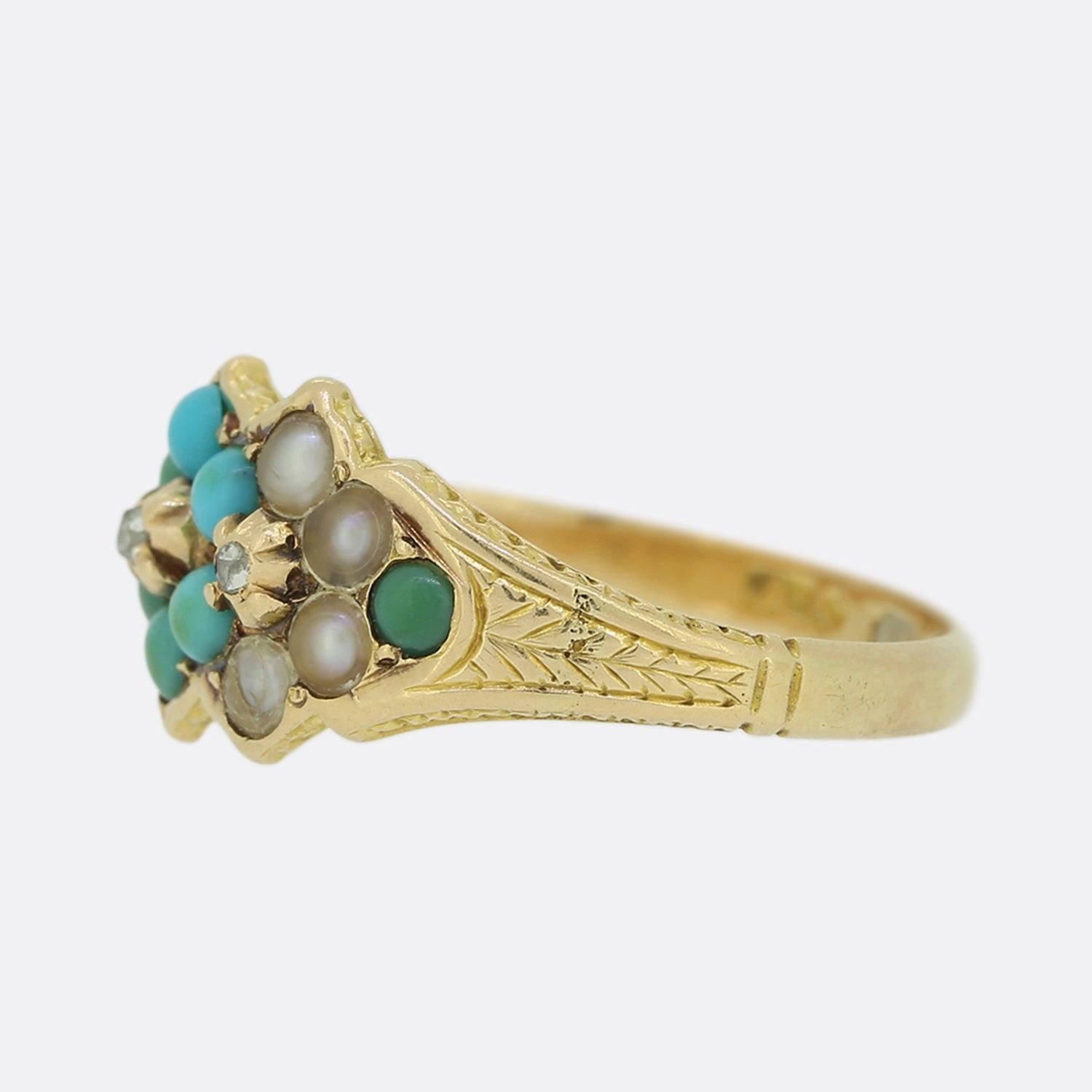 This is a 15ct yellow gold turquoise and pearl cluster ring from the Victorian era. The ring features a cluster of round natural pearls with a centralised rose cut diamond and a cluster of turquoise also with a centralised diamond. Turquoise and