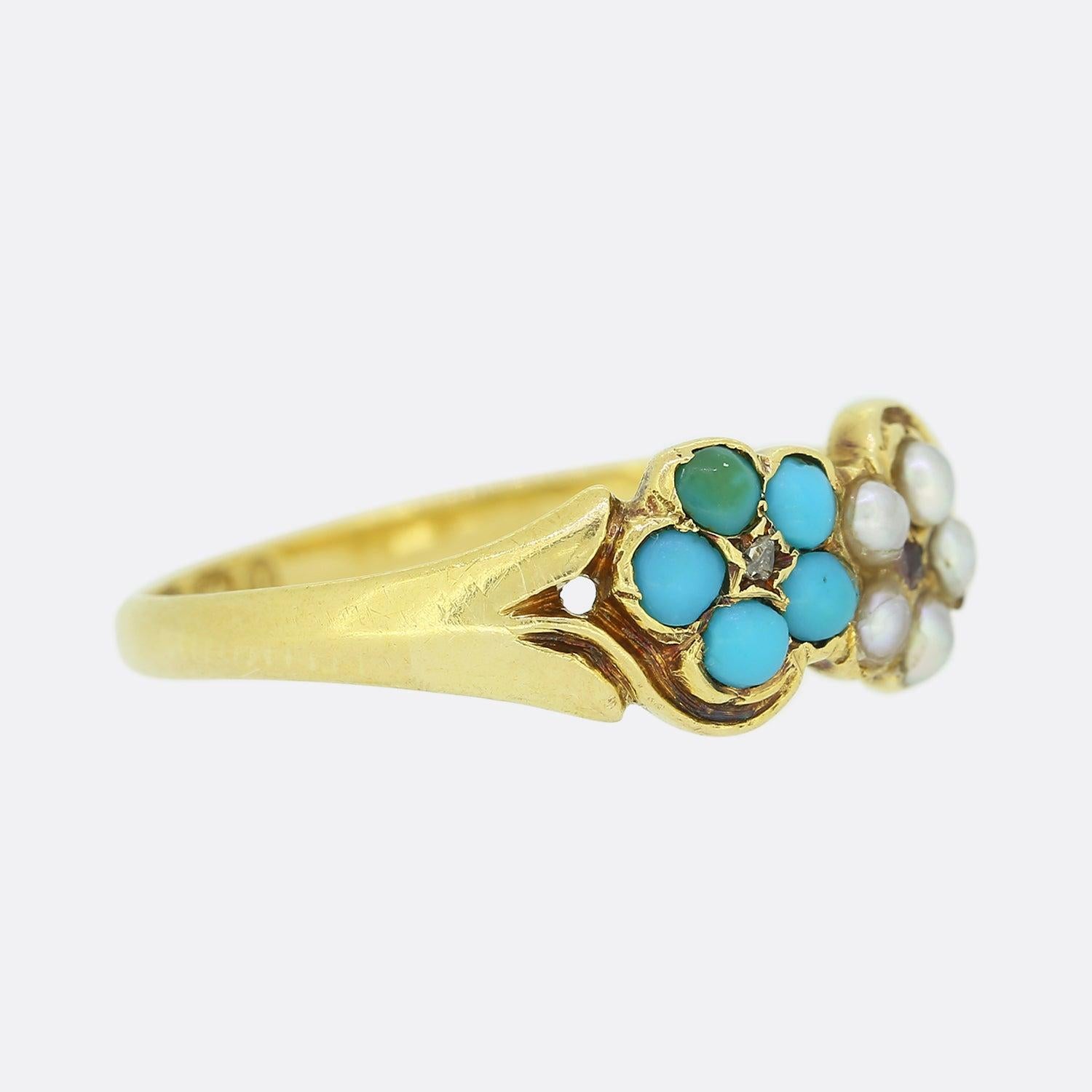 Round Cut Victorian Turquoise and Pearl Cluster Ring For Sale