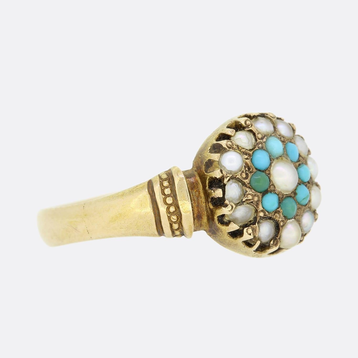 Round Cut Victorian Turquoise and Pearl Cluster Ring For Sale