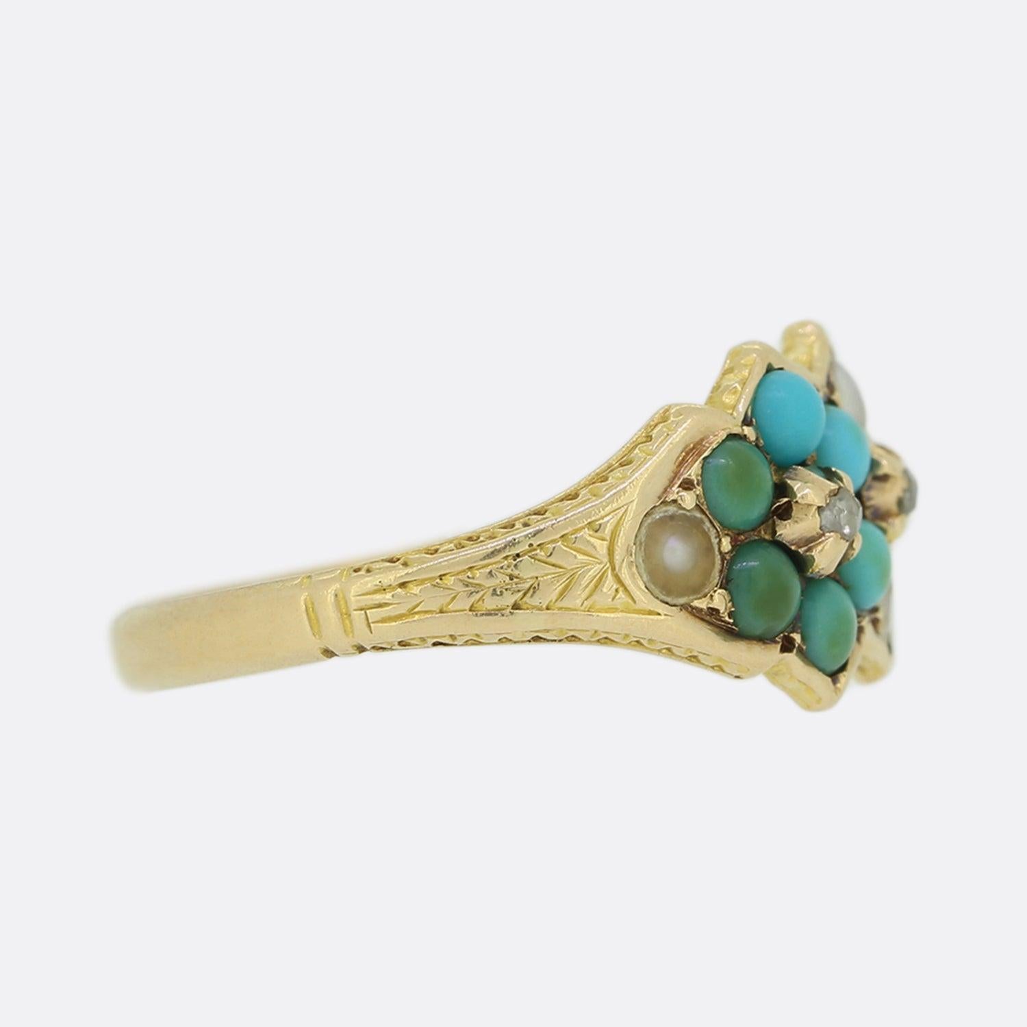 Rose Cut Victorian Turquoise and Pearl Cluster Ring For Sale