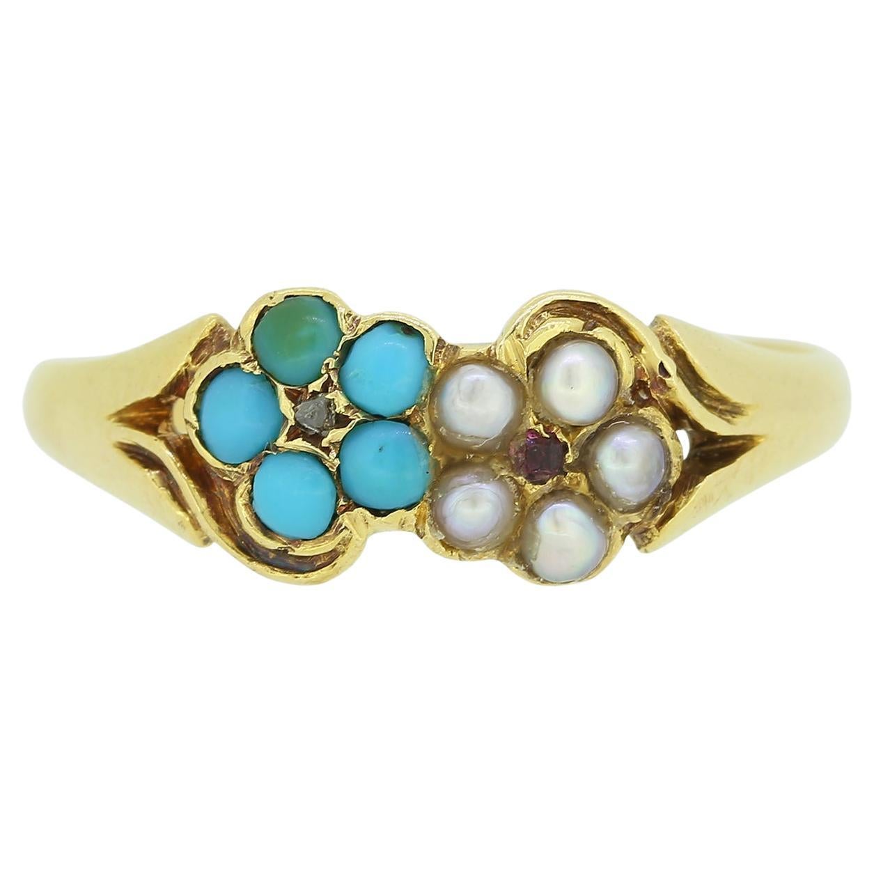 Victorian Turquoise and Pearl Cluster Ring For Sale