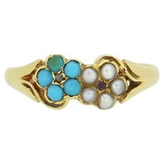 Bague grappe victorienne en turquoise et perles