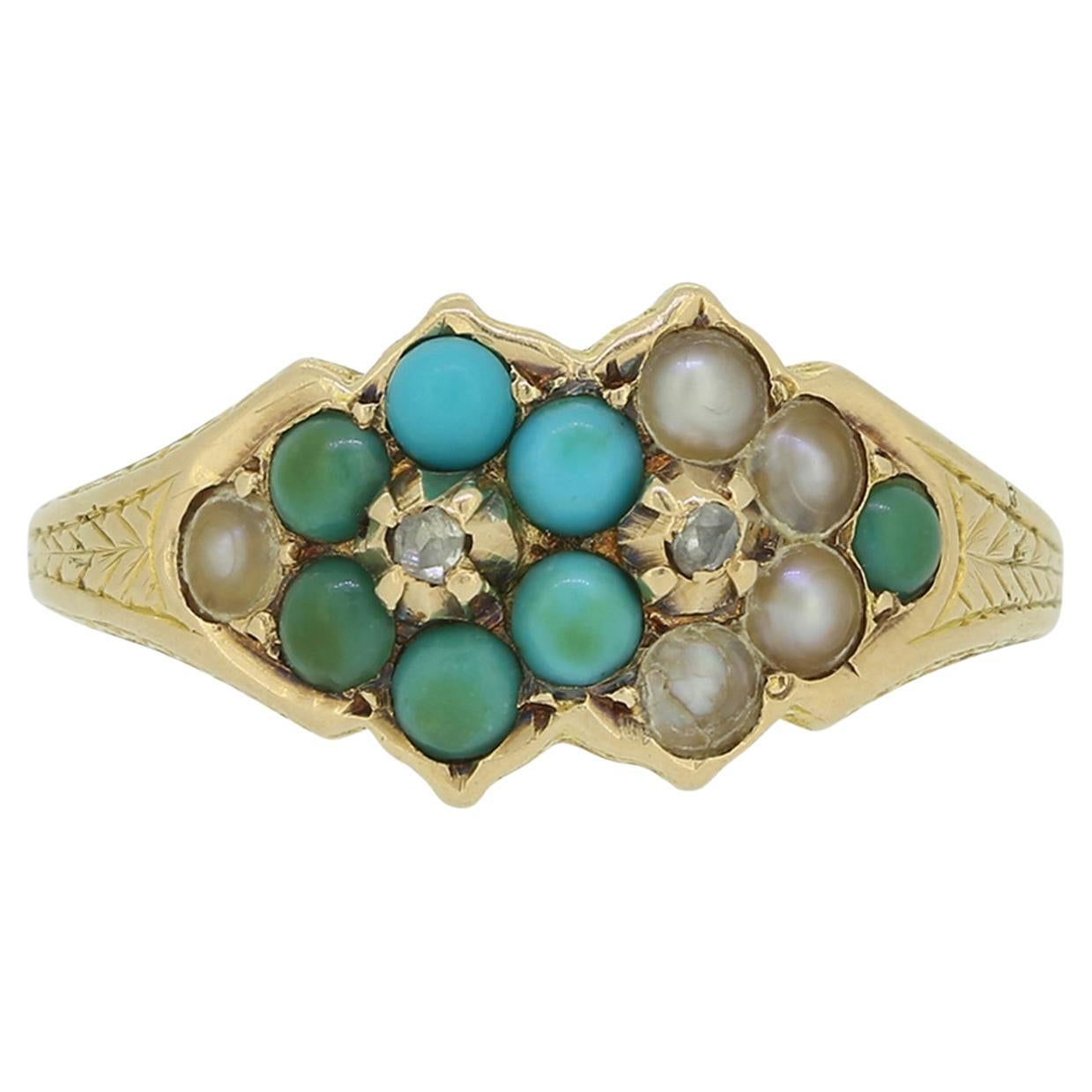 Victorian Turquoise and Pearl Cluster Ring For Sale