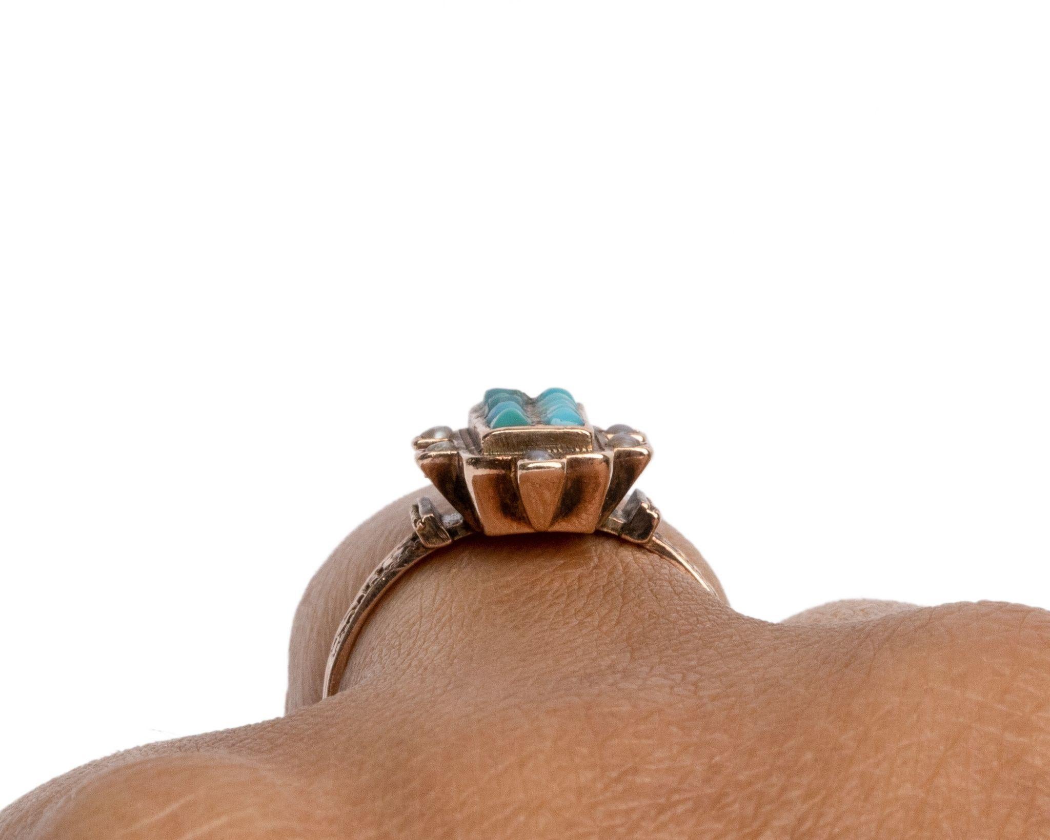 Women's Victorian Turquoise and Pearl Mosaic 14 Karat Carved Rose Gold Engagement Ring